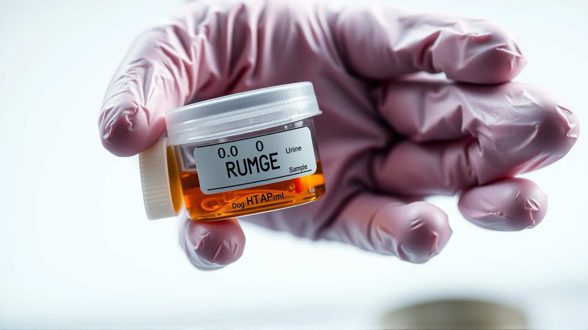 Hand wearing disposable glove holding a plastic container with a dog's urine sample, soft focus on container
