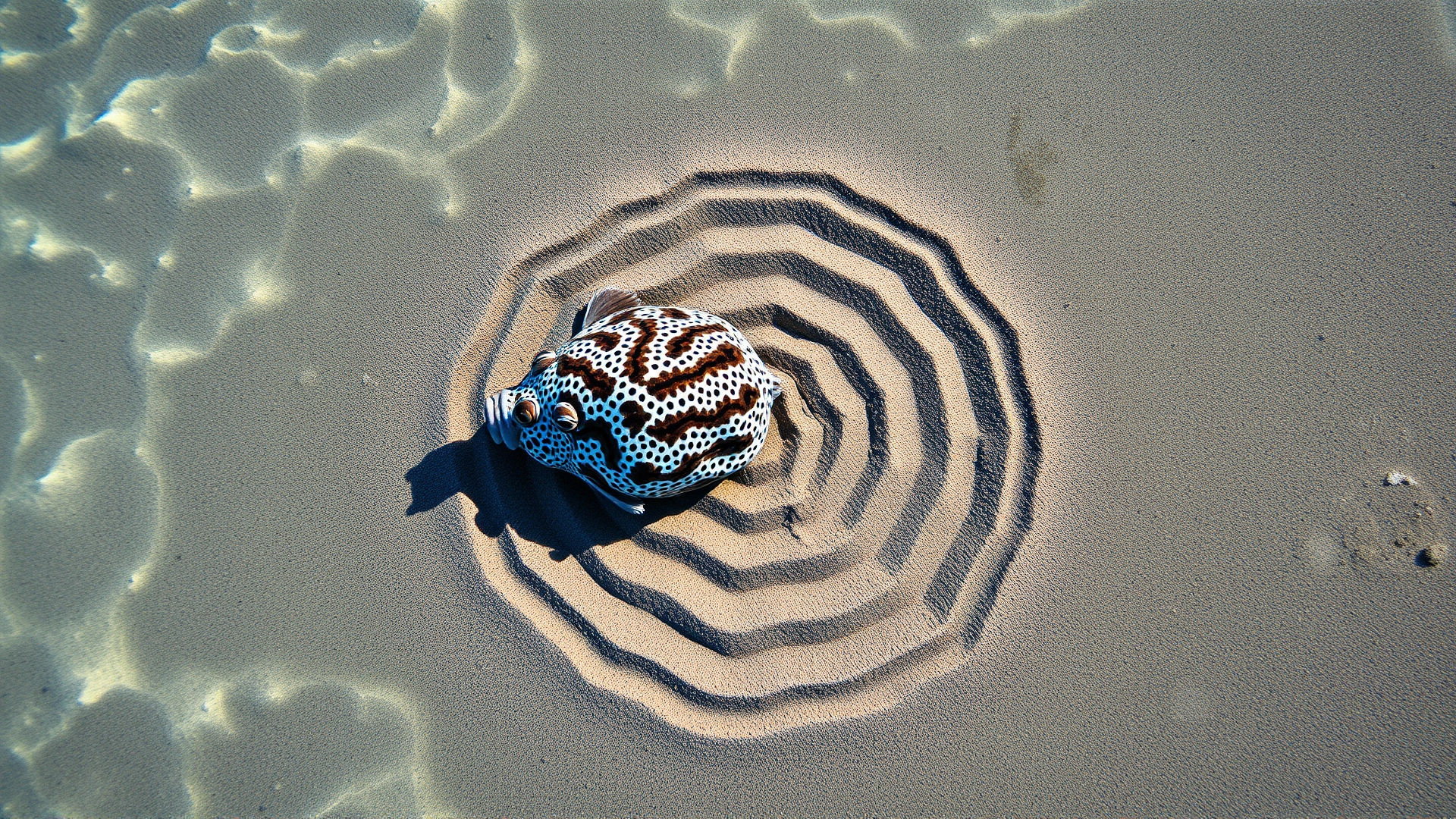 Overhead shot of a male puffer fish creating an intricate circular sand pattern on the sea floor, crystal-clear water