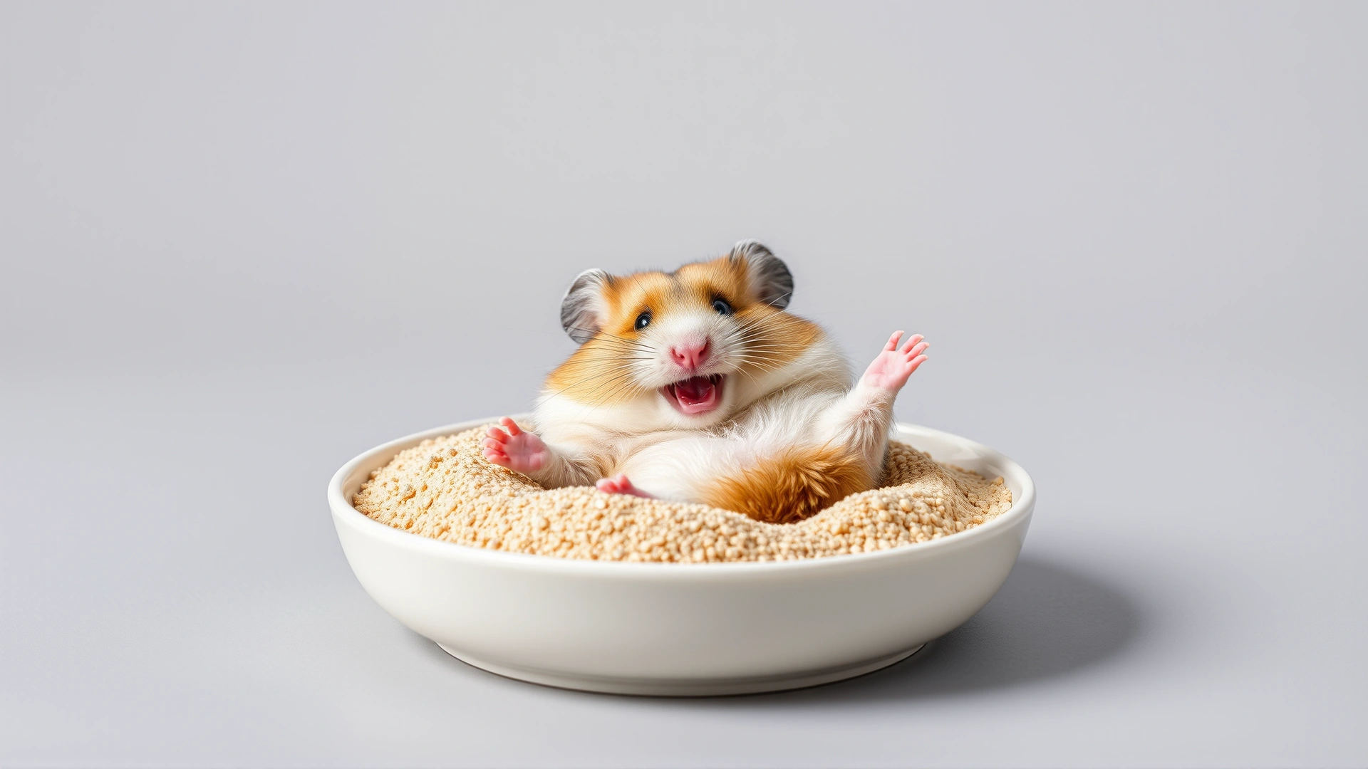 Hamster rolling joyfully in a ceramic dish filled with fine chinchilla sand – playful posture, minimalistic background