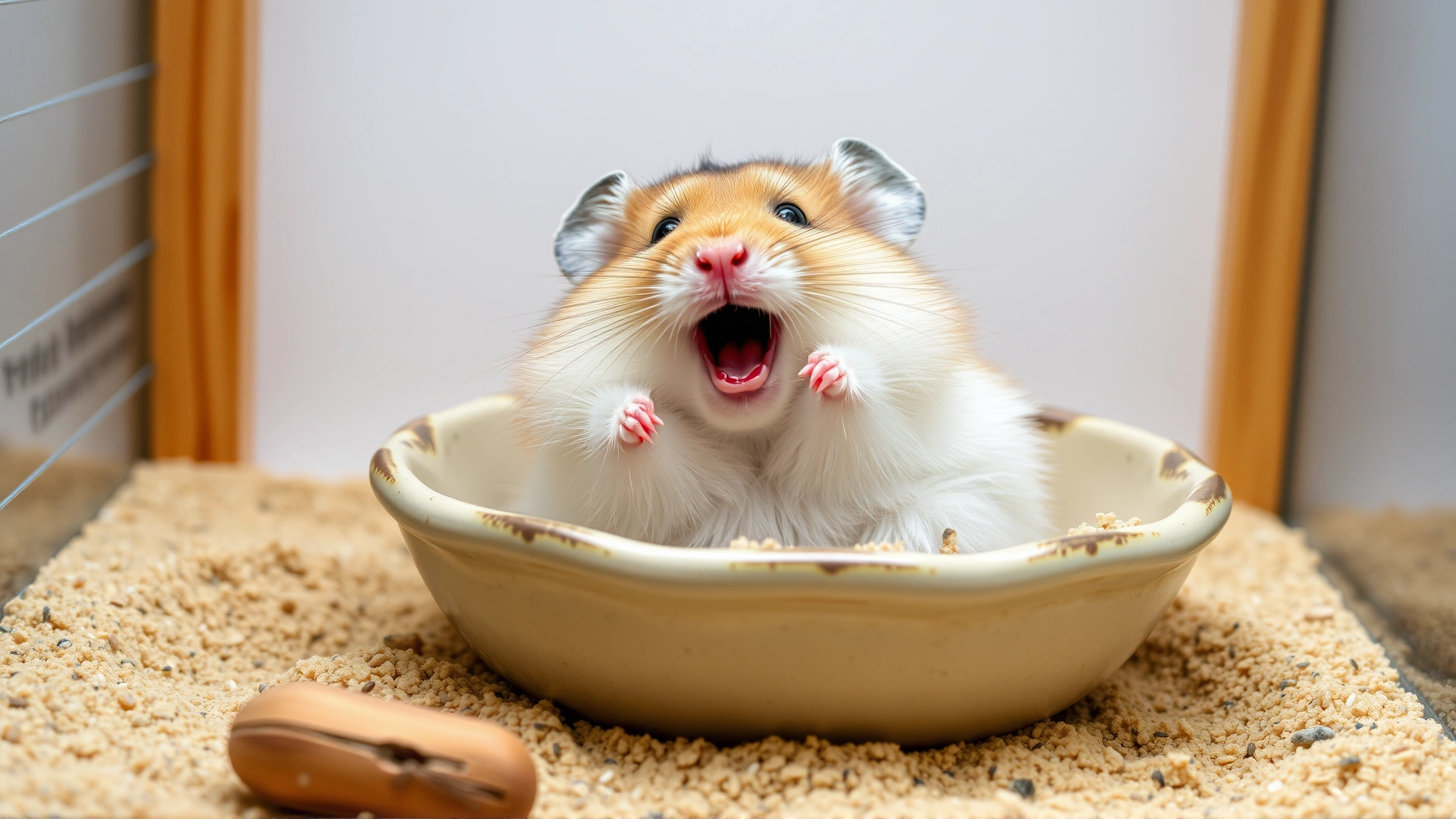 Hamster joyfully rolling in a ceramic bowl filled with chinchilla sand inside its enclosure.