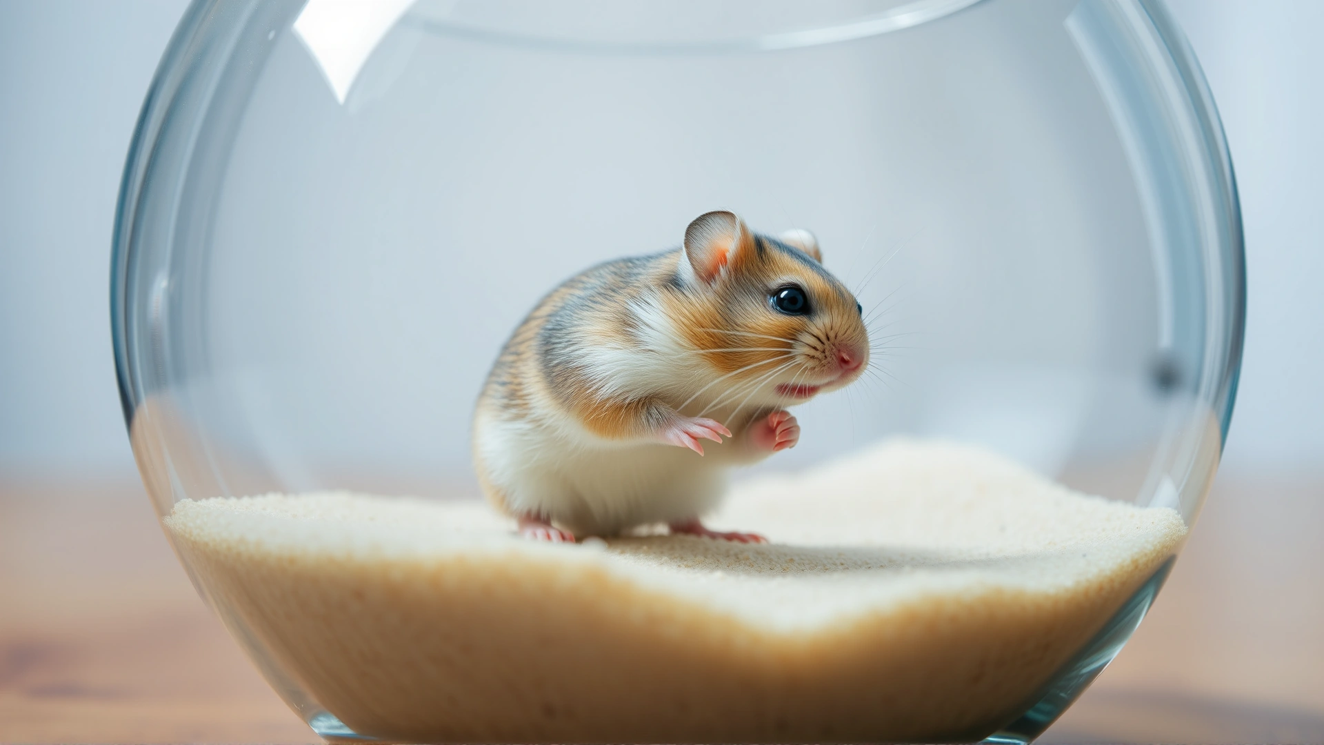 Hamster mid-roll inside a transparent glass bowl with fine sand particles flying slightly, captured in slow shutter for dynamic motion, indoor setup.