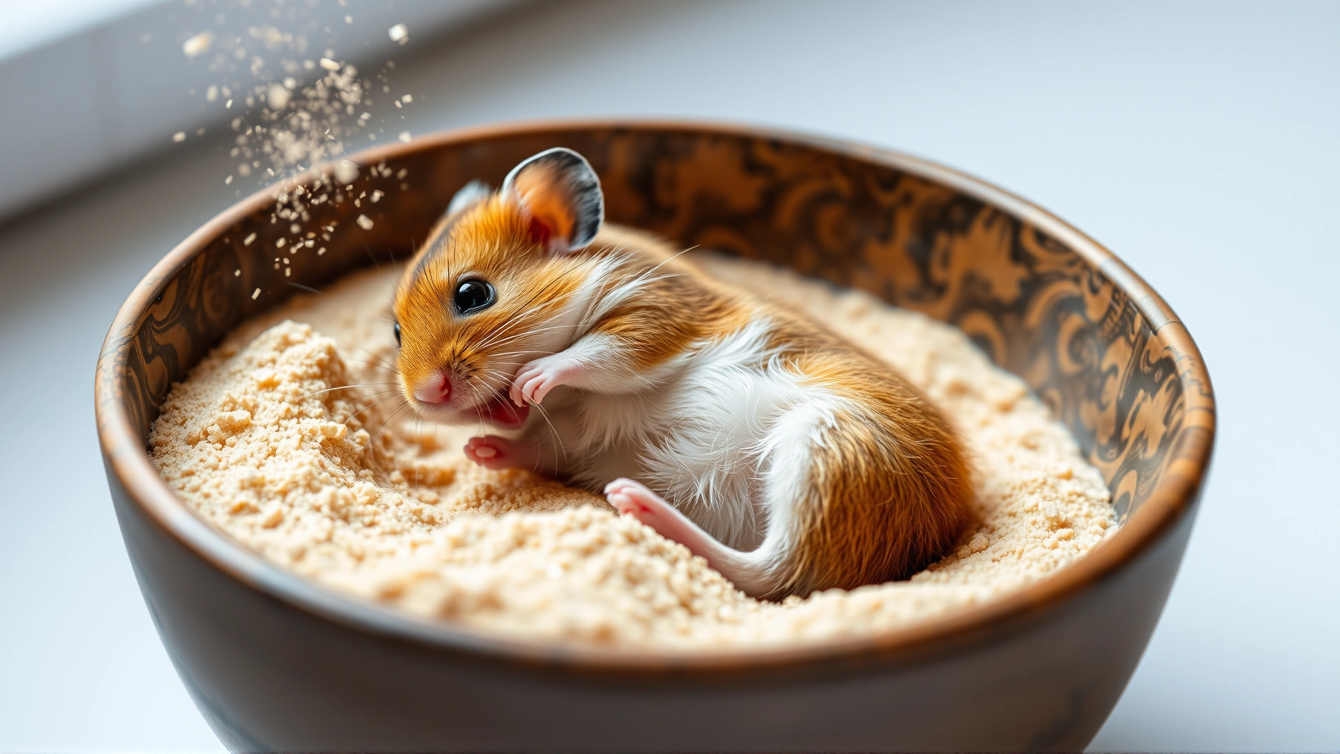 Dwarf hamster joyfully rolling in a bowl filled with fine chinchilla sand, motion of sand grains caught mid-air, high shutter speed