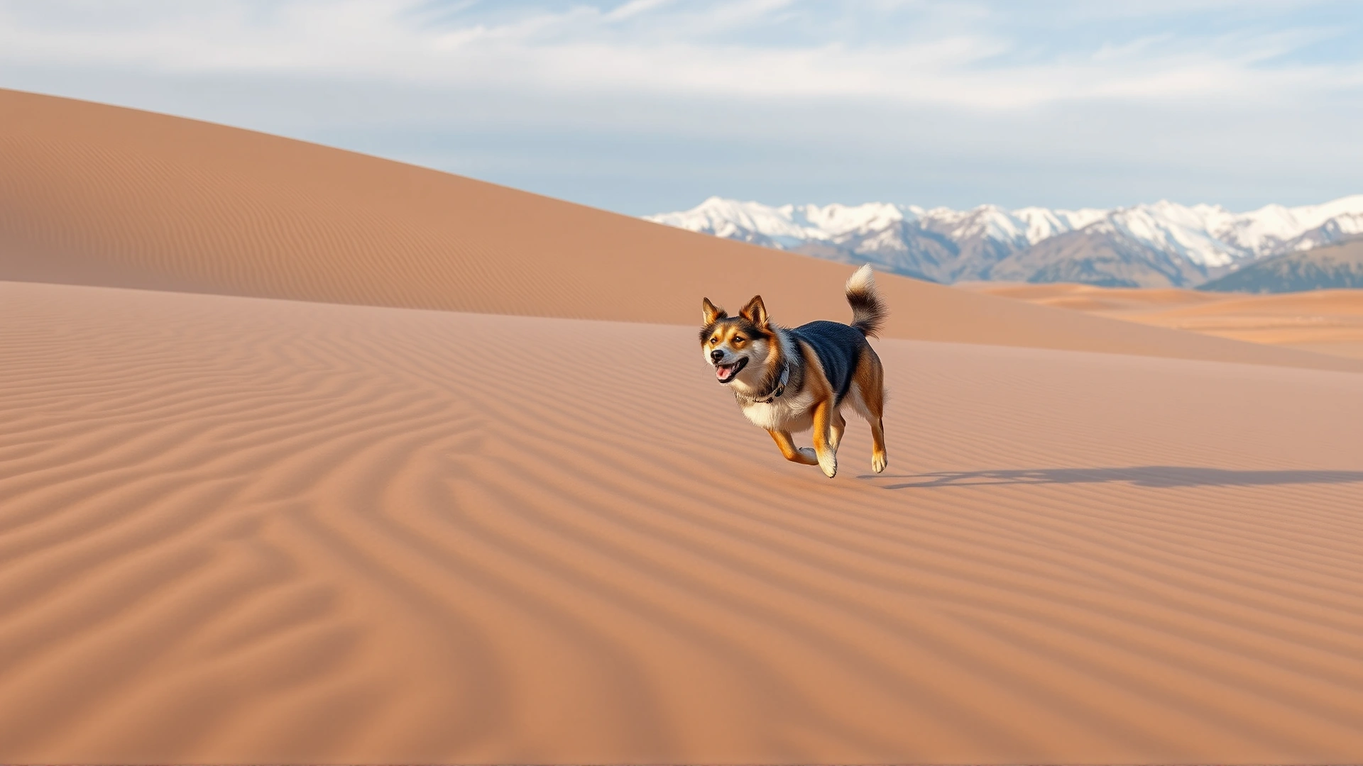 Energetic dog running across rippled sand dunes with snow-capped mountains in the distance at Great Sand Dunes National Park.