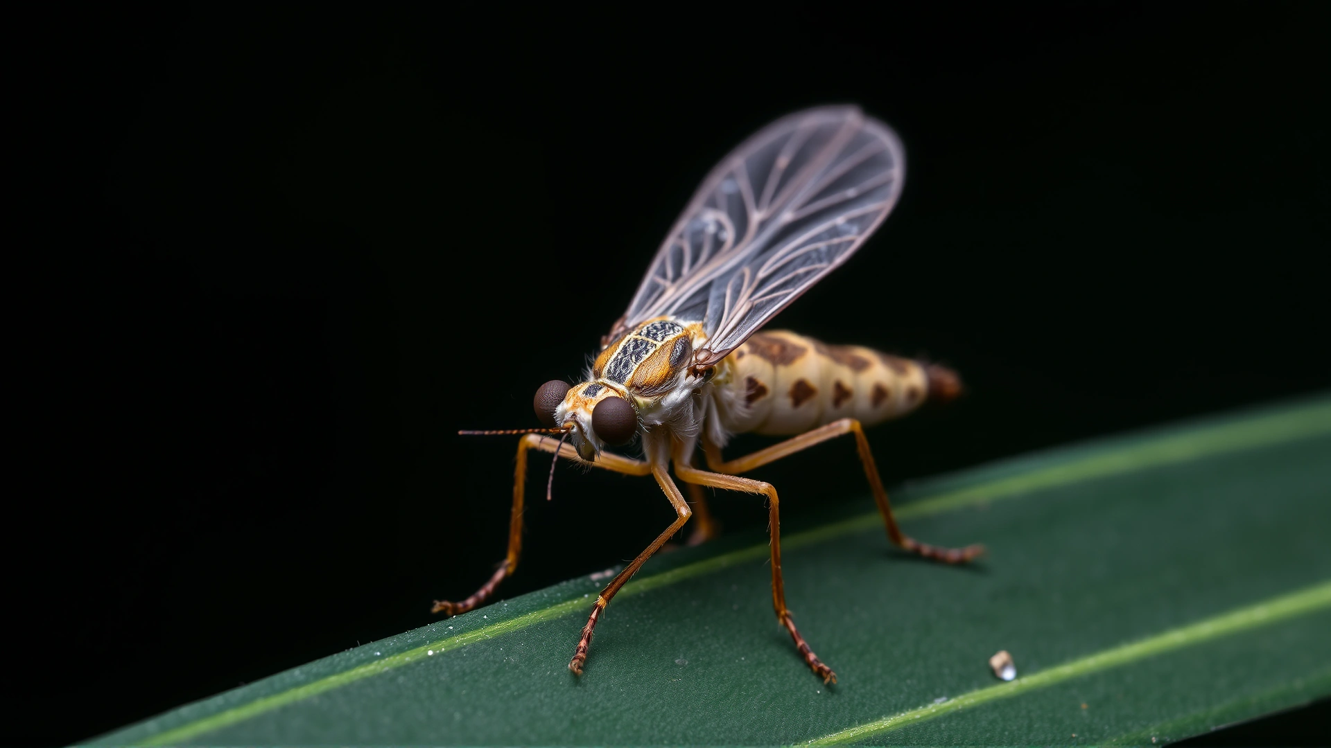 Macro shot of a sandfly on a leaf with prominent wings and proboscis, neutral background to highlight the insect.