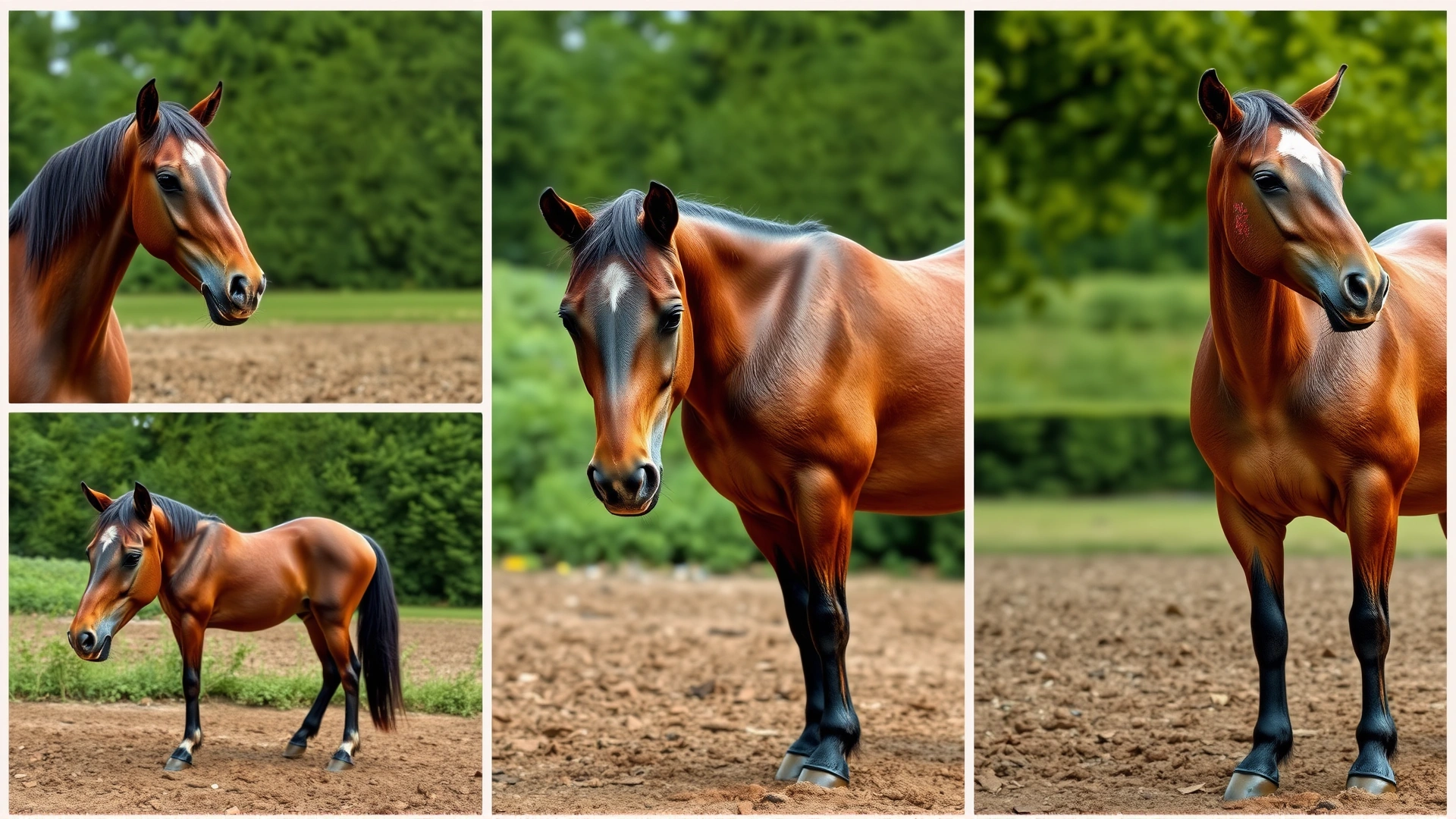 Collage of six individual horses each displaying a different type of sarcoid lesion (occult, verrucous, nodular, fibroblastic, mixed, malignant) in separate panels, soft natural lighting, no text.