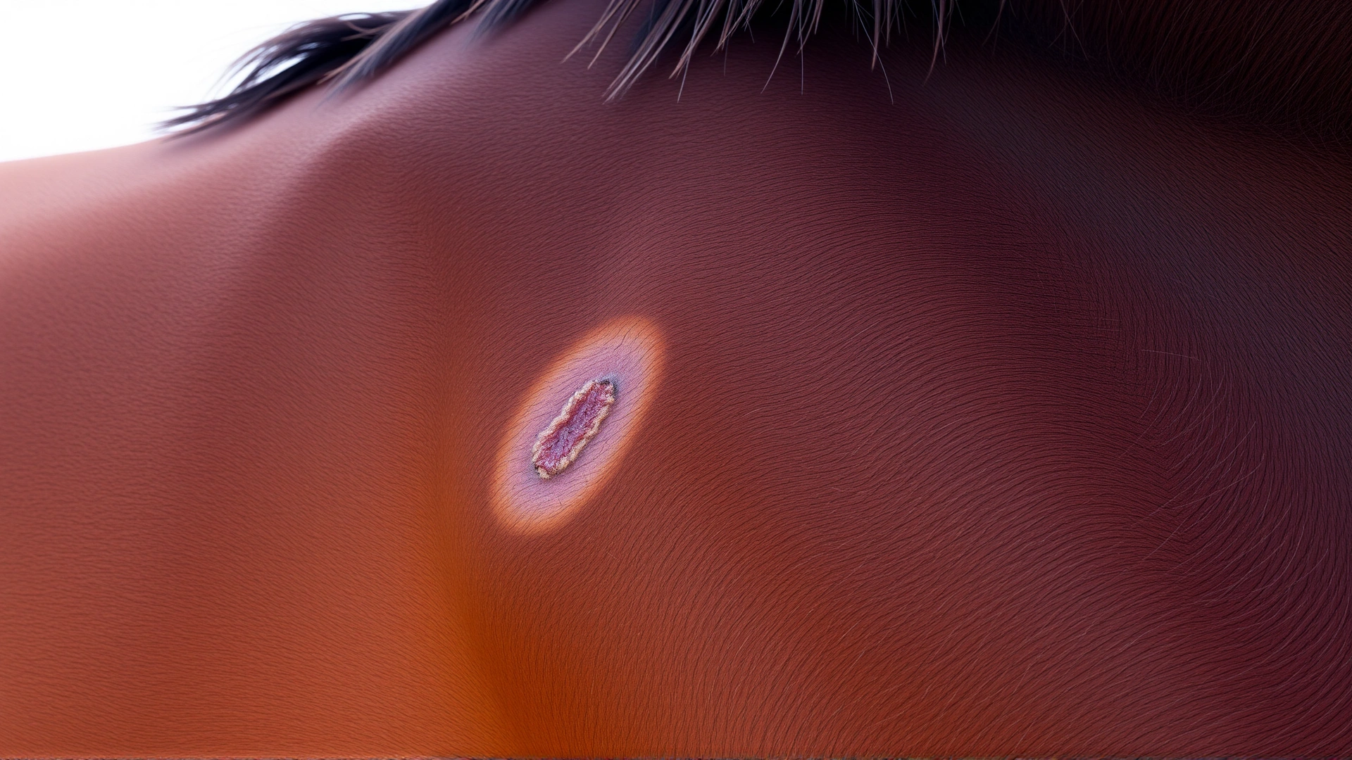 Chest of a bay horse showing a raised, irregular sarcoid lesion with mild hair loss.