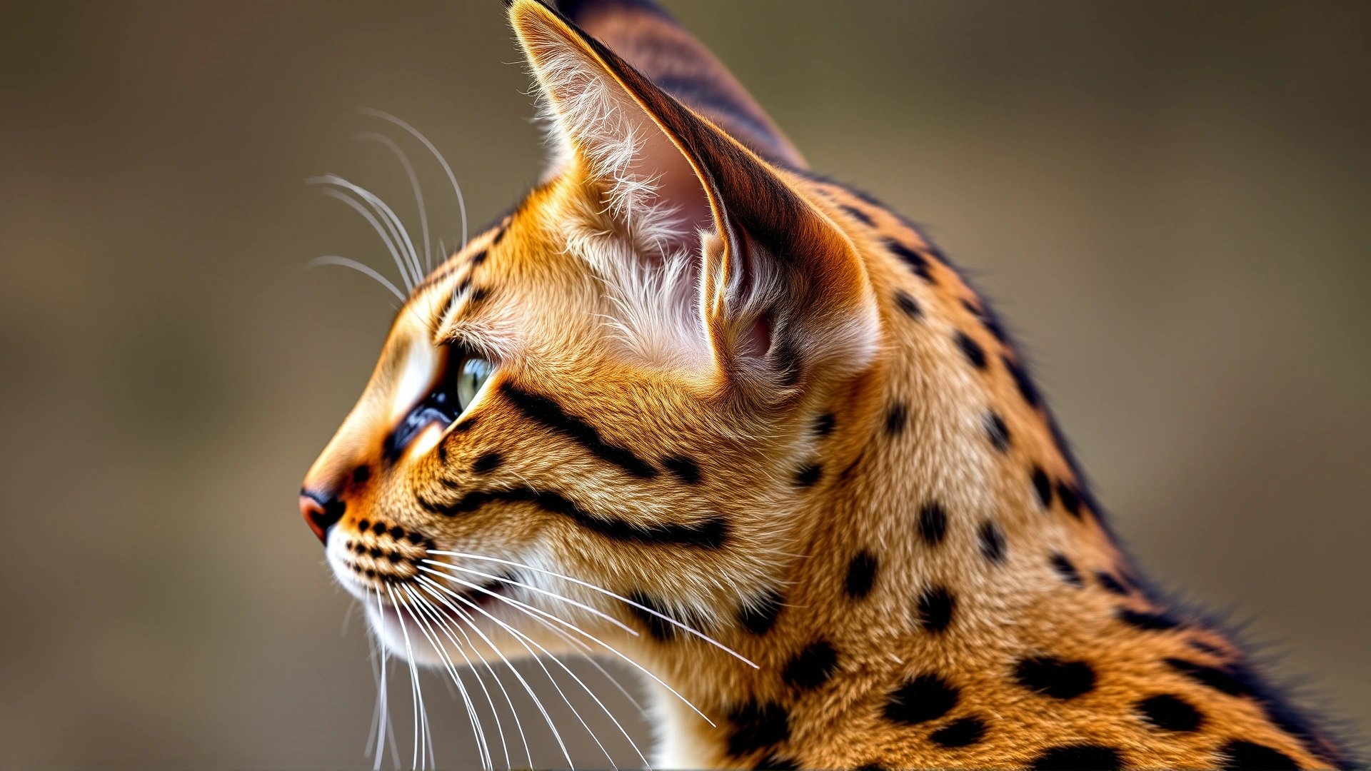 Close-up side profile of a Savannah cat emphasizing its large ears, long neck, and spotted coat.