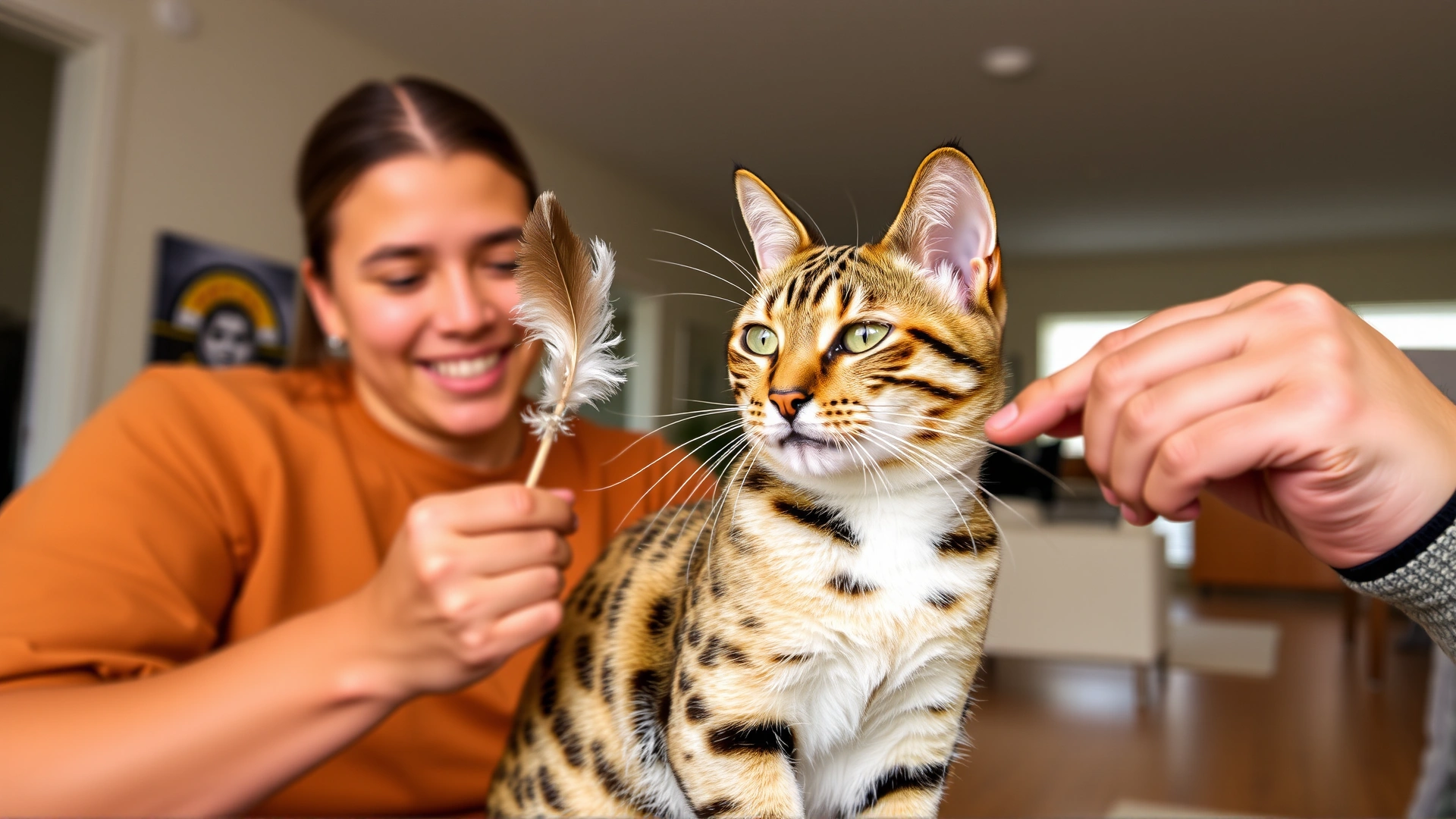 Owner interacting with a Savannah cat using a feather wand toy in a spacious room.