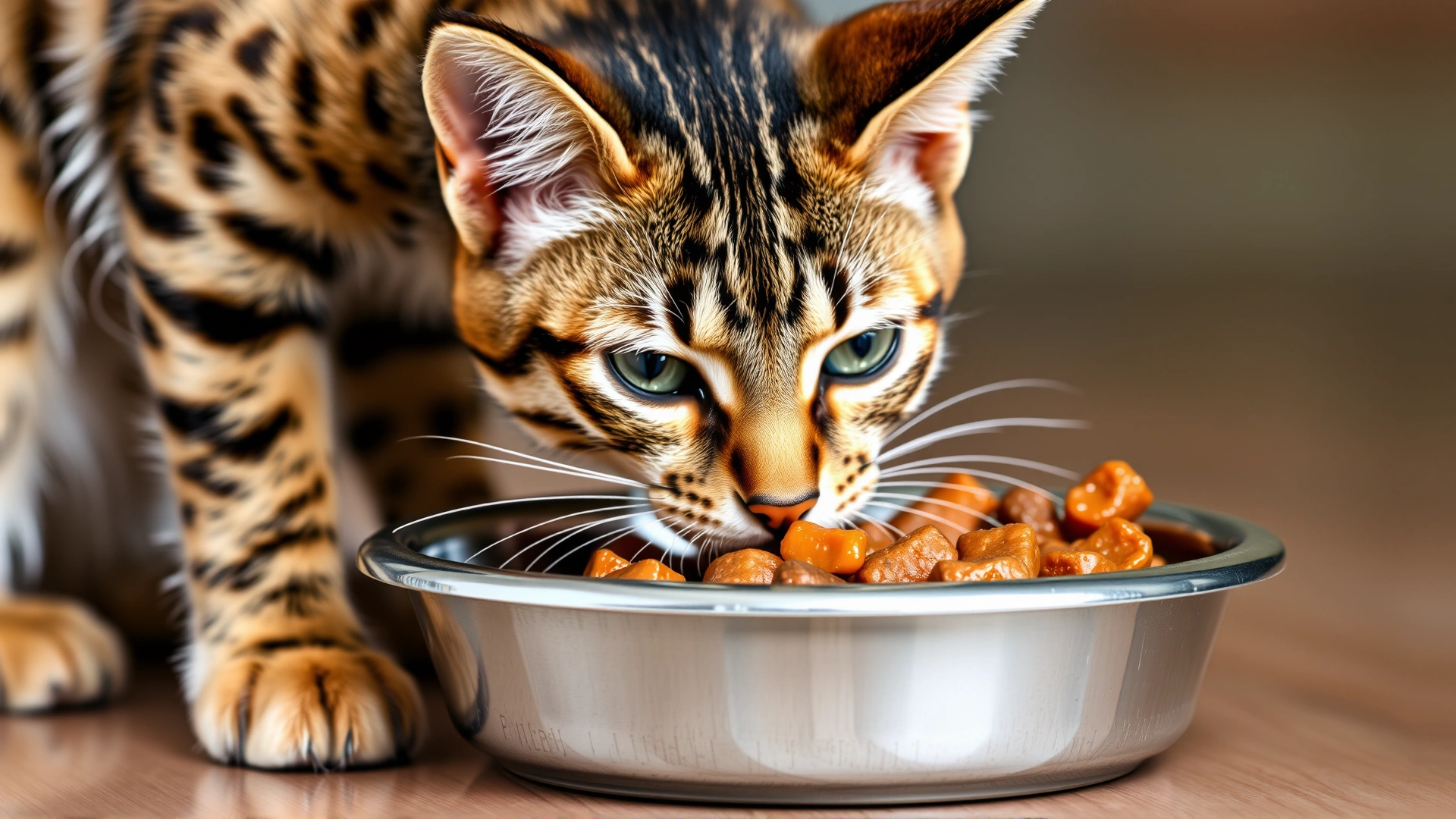 Savannah cat eating from a stainless steel bowl filled with high-quality wet food.