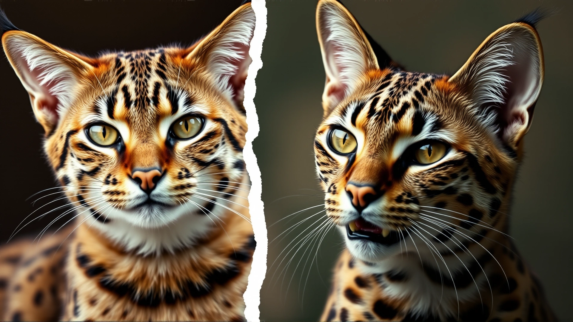 Vintage-style collage: image of an African serval juxtaposed with a domestic Savannah cat to illustrate ancestry (no text).