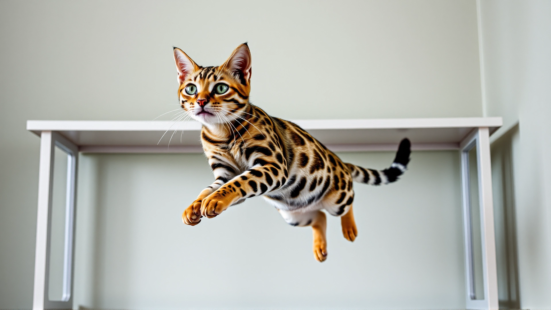 Savannah cat captured mid-air leaping from one shelf to another, showcasing its athletic ability.