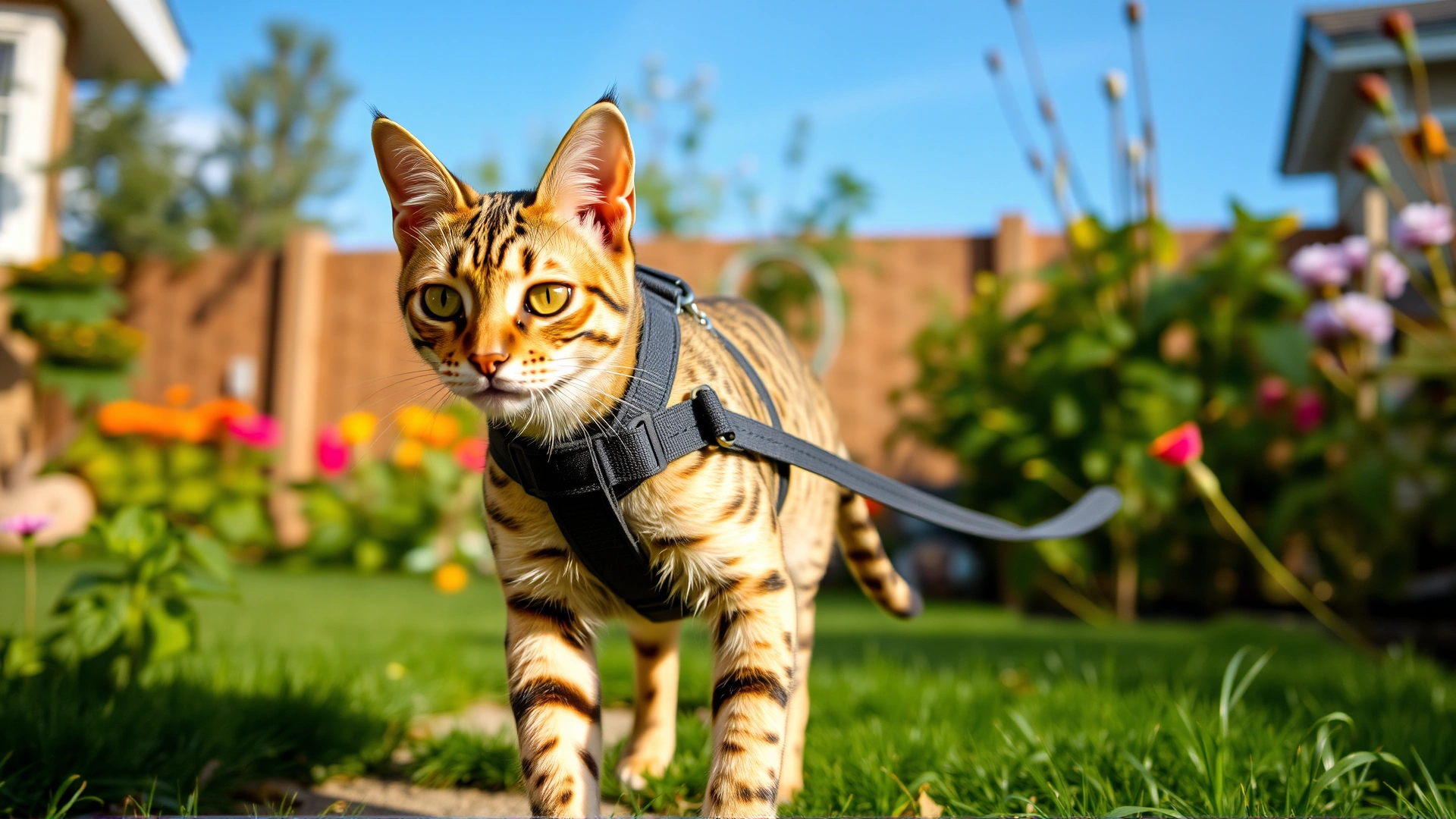 Savannah cat confidently walking on a harness and leash in a safe backyard garden.