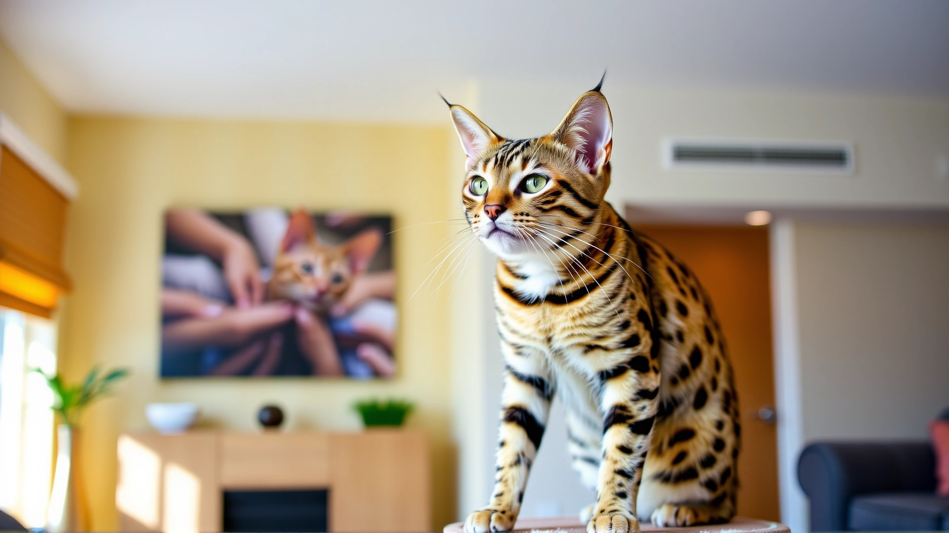 A playful Savannah cat perched on a modern cat tree in a bright living room, showing its vertical nature.