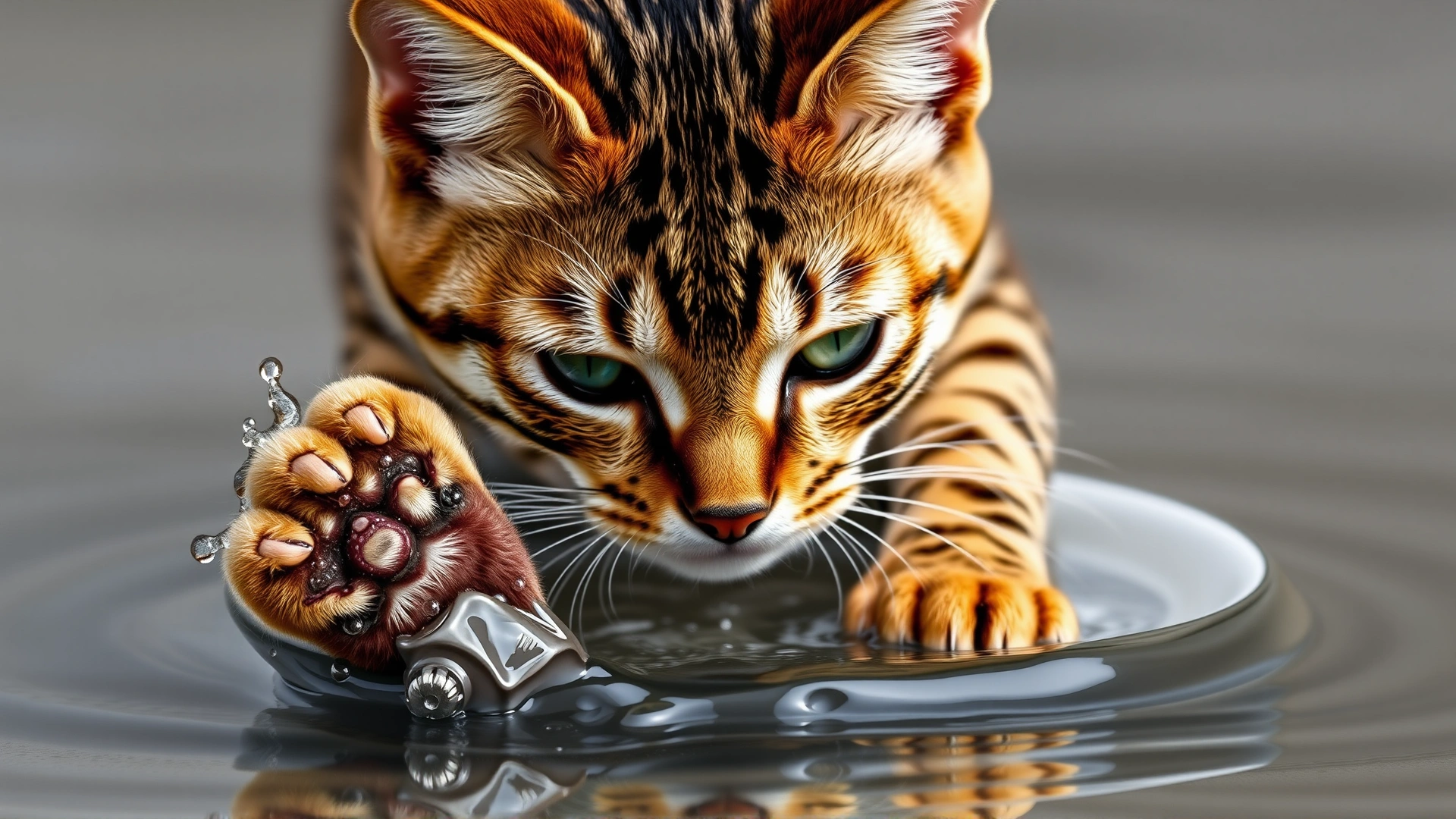Savannah cat splashing water with its paw in a shallow bowl, capturing its love for water.