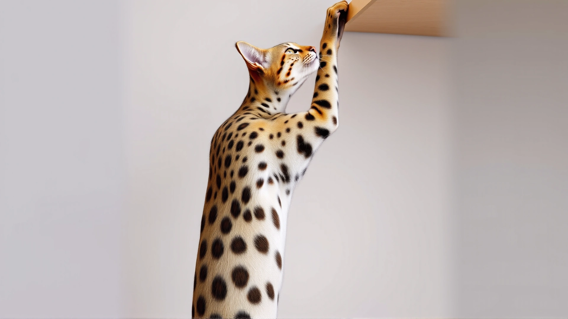 Savannah cat standing on hind legs reaching toward a high shelf, illustrating its long limbs and athletic build.