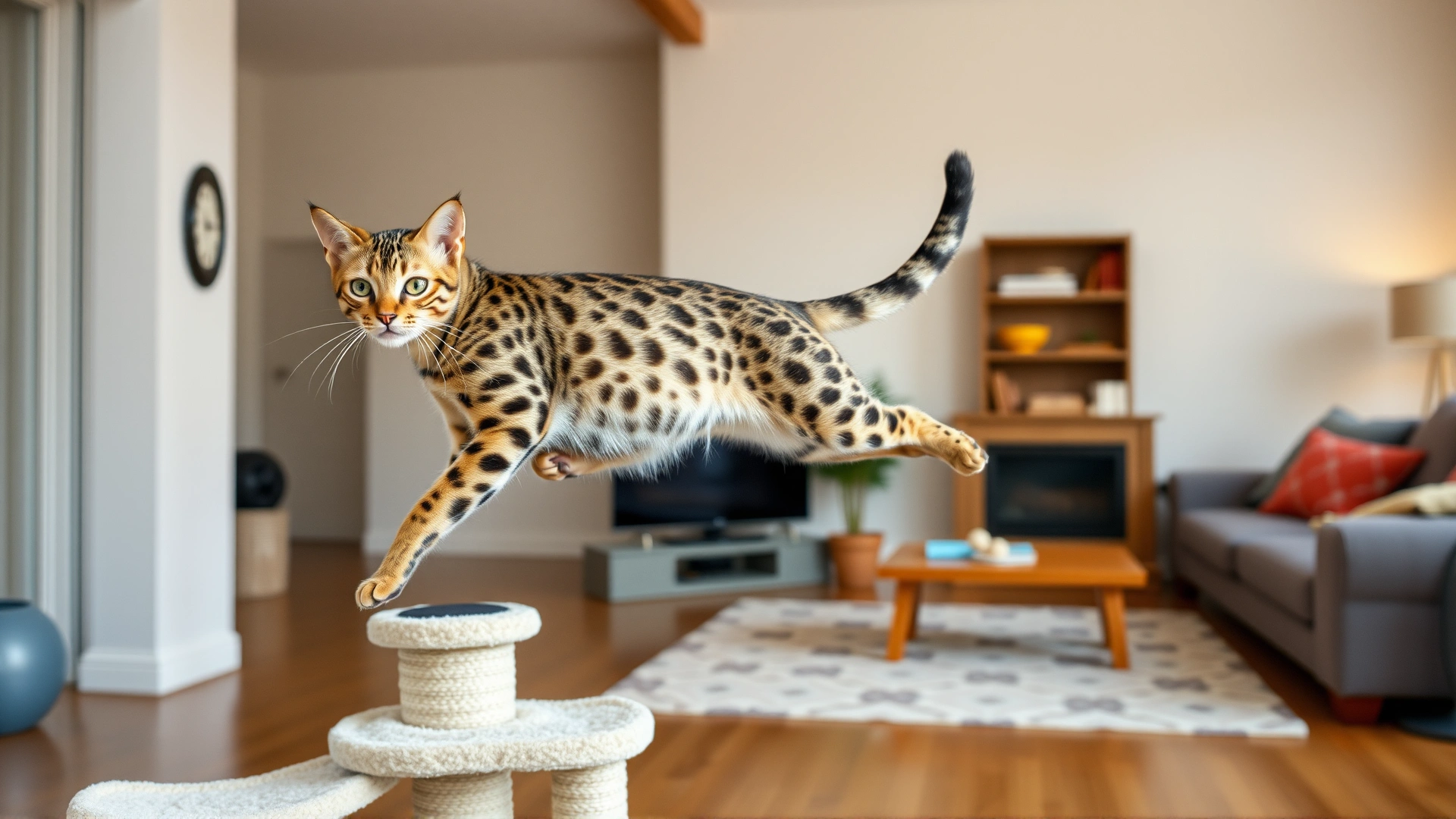 Savannah cat mid-jump on a cat tree in a spacious living room, showcasing athletic build, no text.
