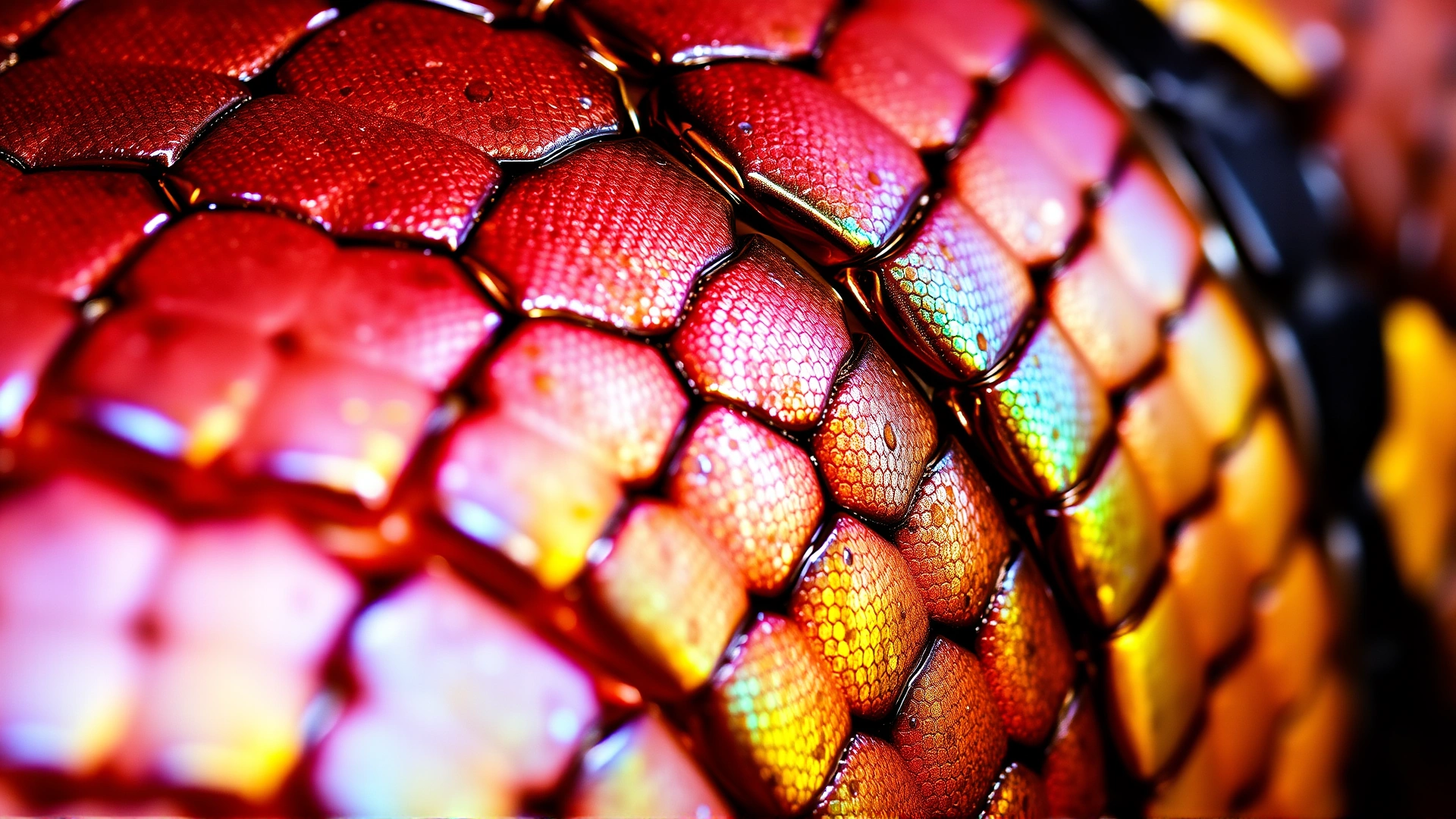 Close-up diagonal shot of iridescent snake scales showing overlapping texture and vibrant hues under dramatic lighting.