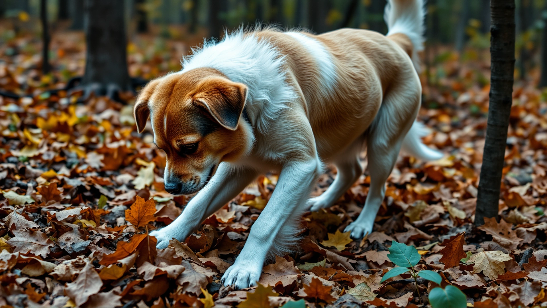Dog pressing its shoulder into a leafy forest floor covered with autumn leaves, illustrating scent camouflage behavior