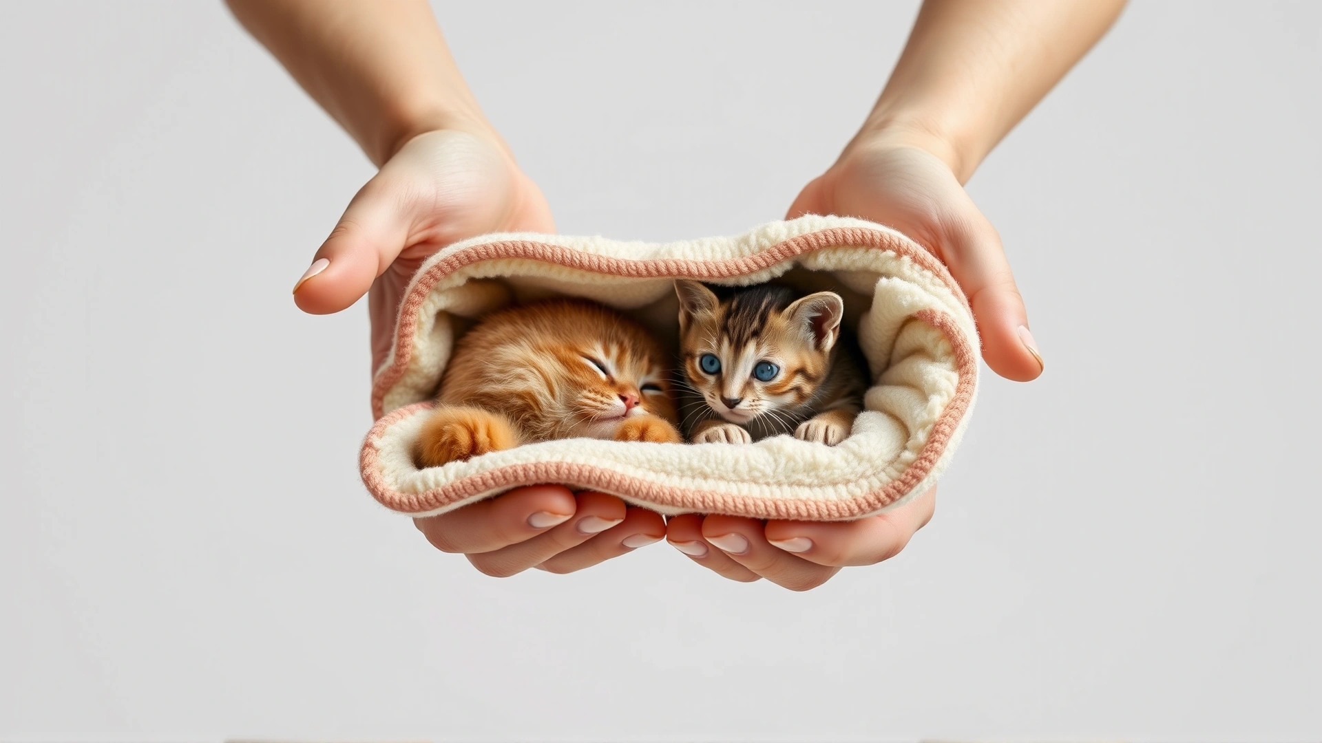 AI-generated image: Human hands holding two small blankets, one with adult cat scent and the other with kitten scent, about to be swapped; neutral background