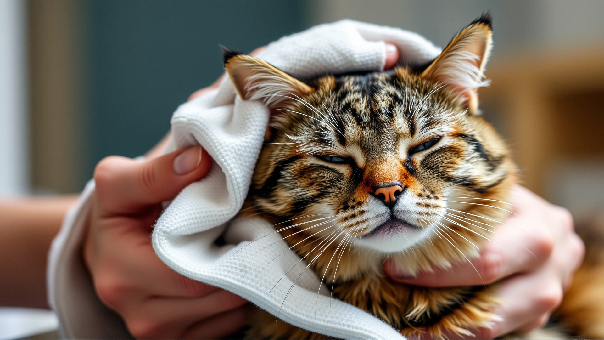 Close-up of a person gently rubbing a soft towel on a calm tabby cat to collect its scent.