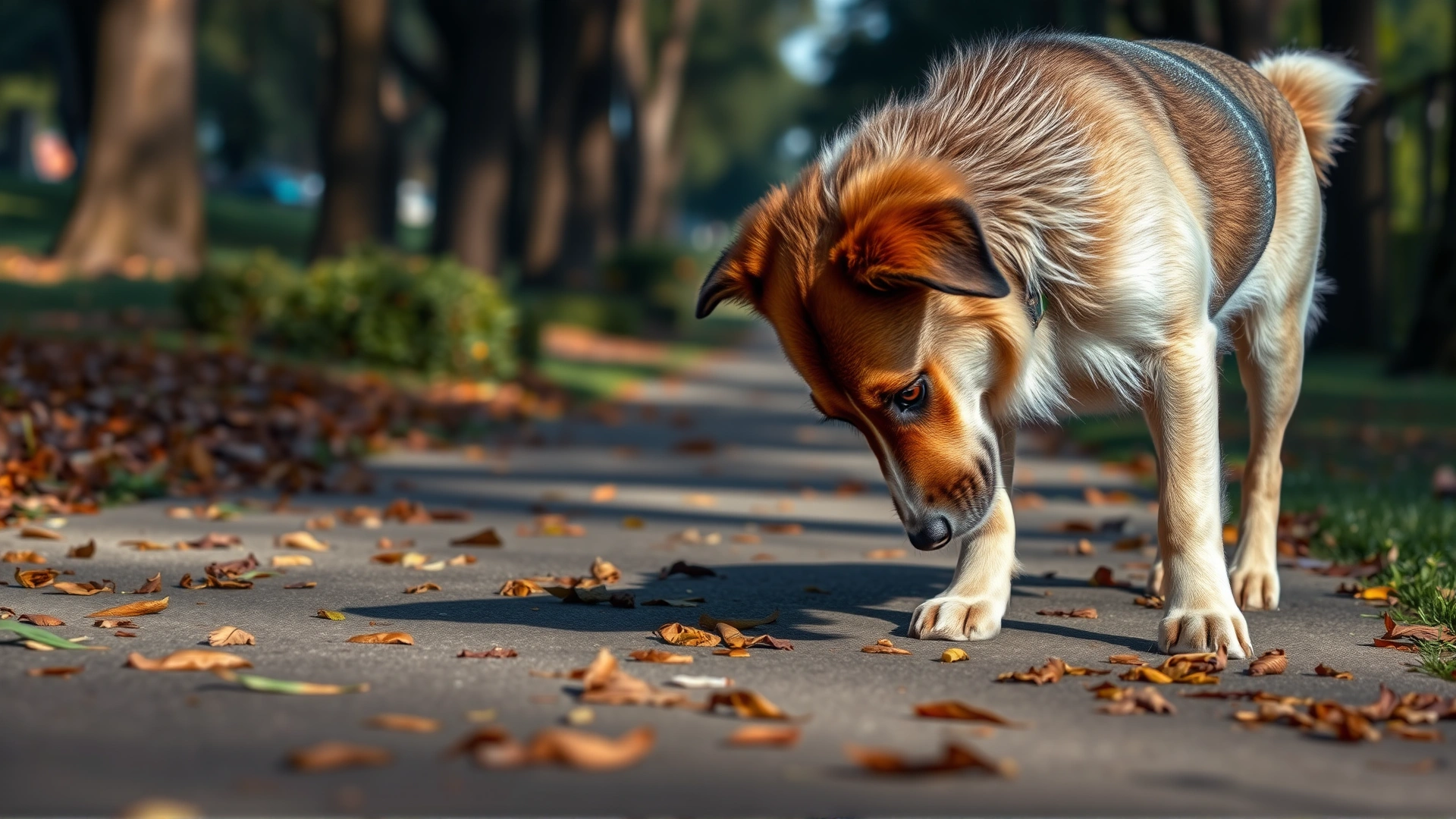 A dog with nose to the ground following an invisible scent trail along a leafy park walkway, footprints subtly highlighted.