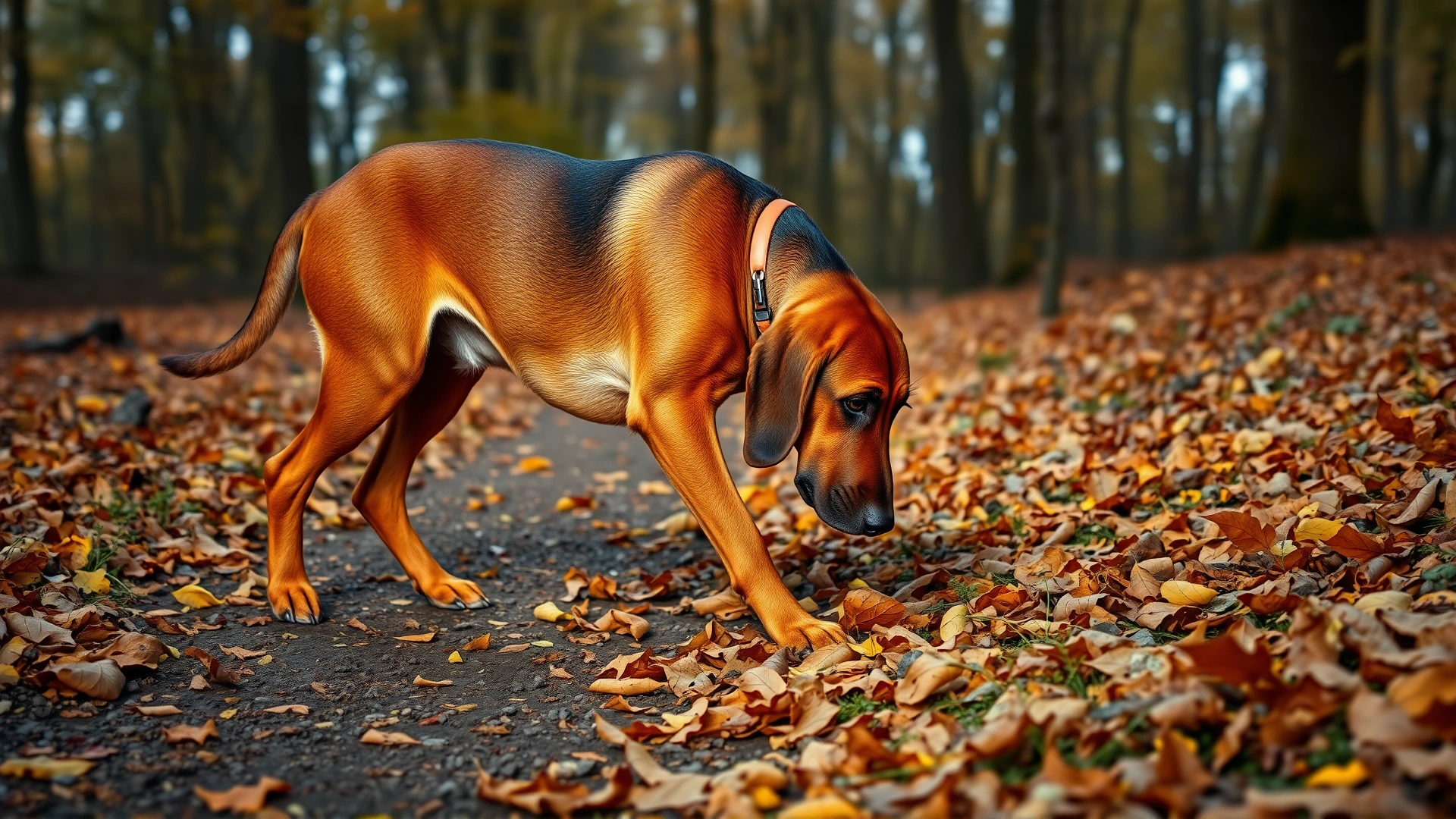 Bloodhound actively sniffing the ground while walking along a wooded path covered in autumn leaves
