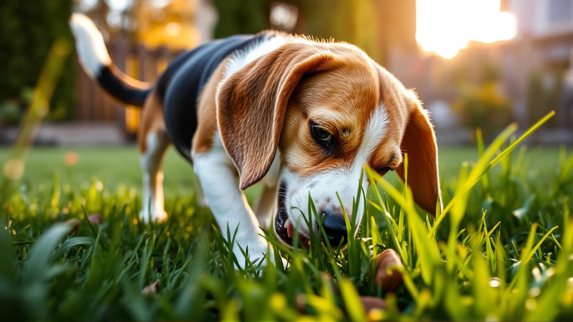 Beagle sniffing grass in a backyard while searching for hidden treats, early morning sunlight