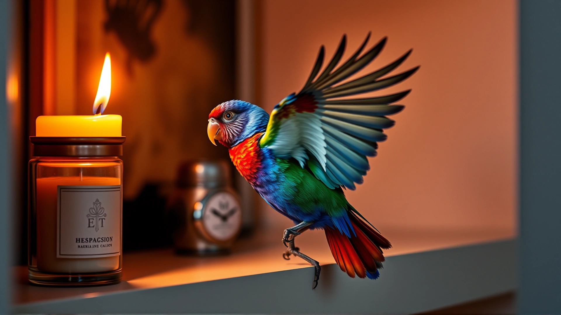 Colorful lovebird flapping wings away from a lit scented candle and aerosol can on a shelf, shallow depth of field, no text