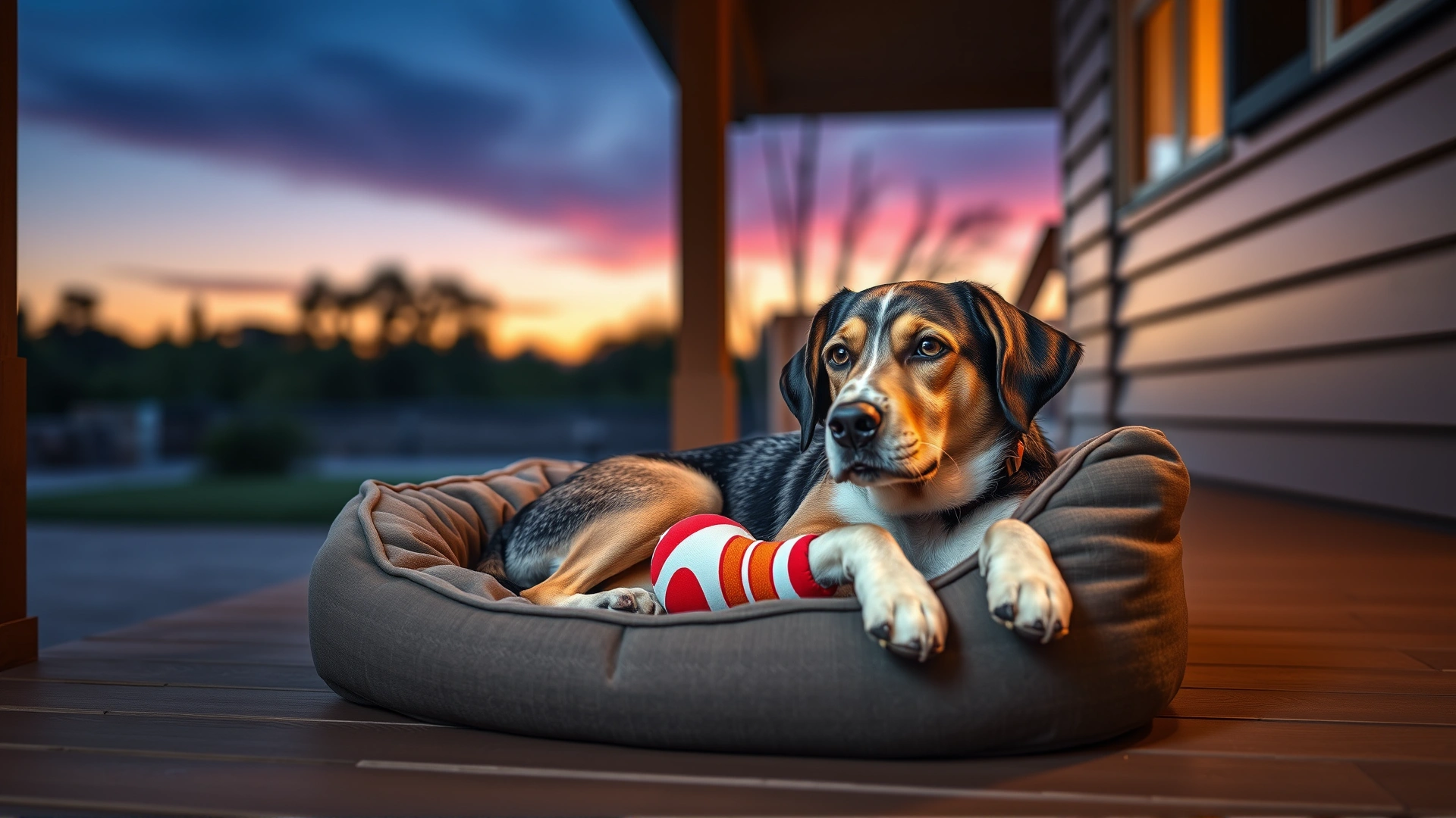 Dog bed and favorite toy placed on a porch at twilight, suggesting use of familiar scents.