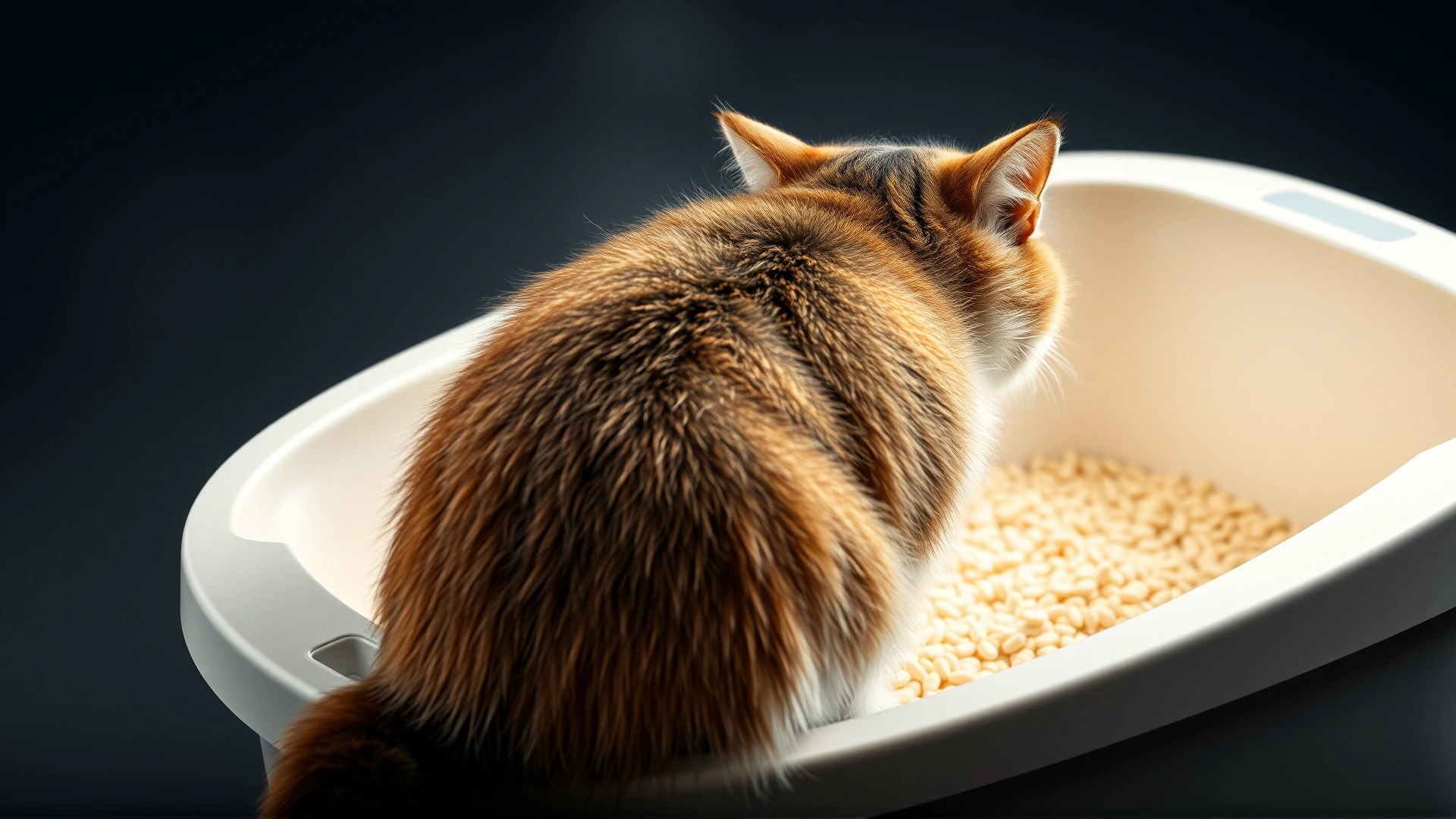 Cat turning away from an overly perfumed litter box filled with scented litter granules.