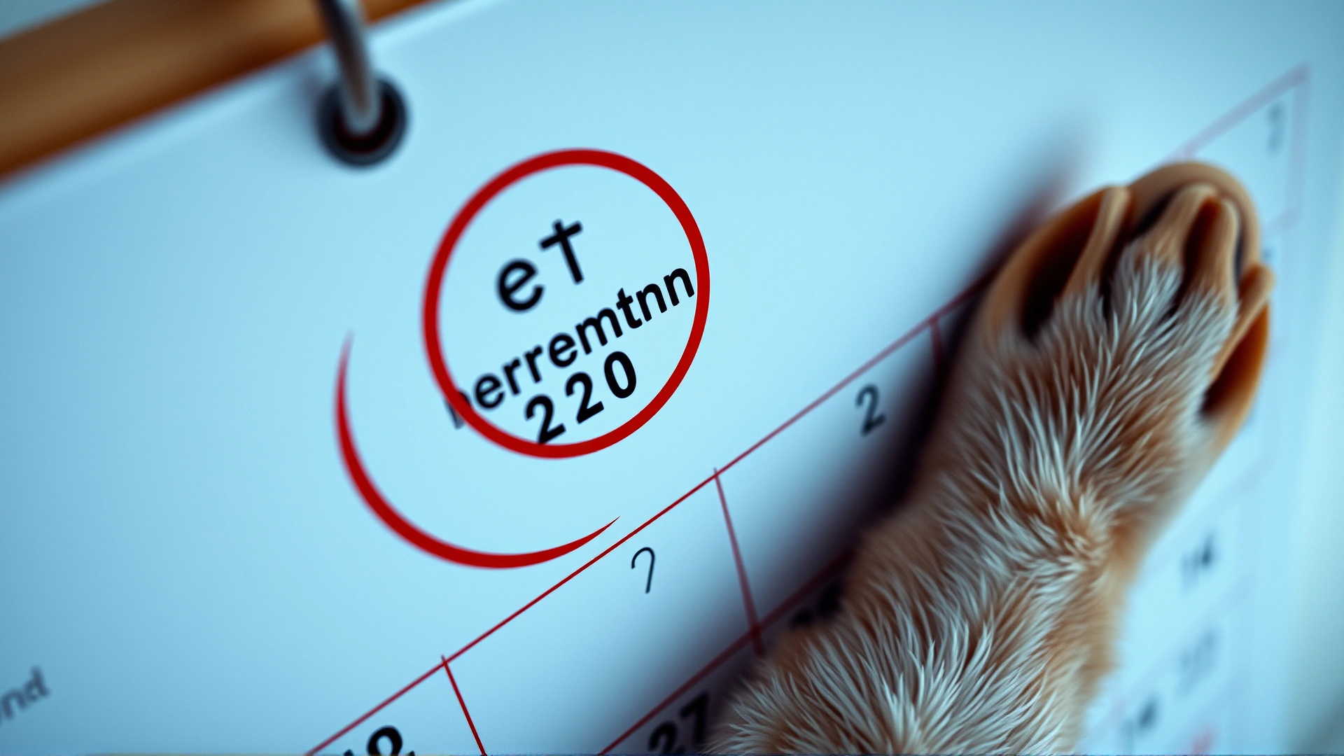Close-up of a wall calendar with a circled vet appointment date and a small dog paw resting on the page