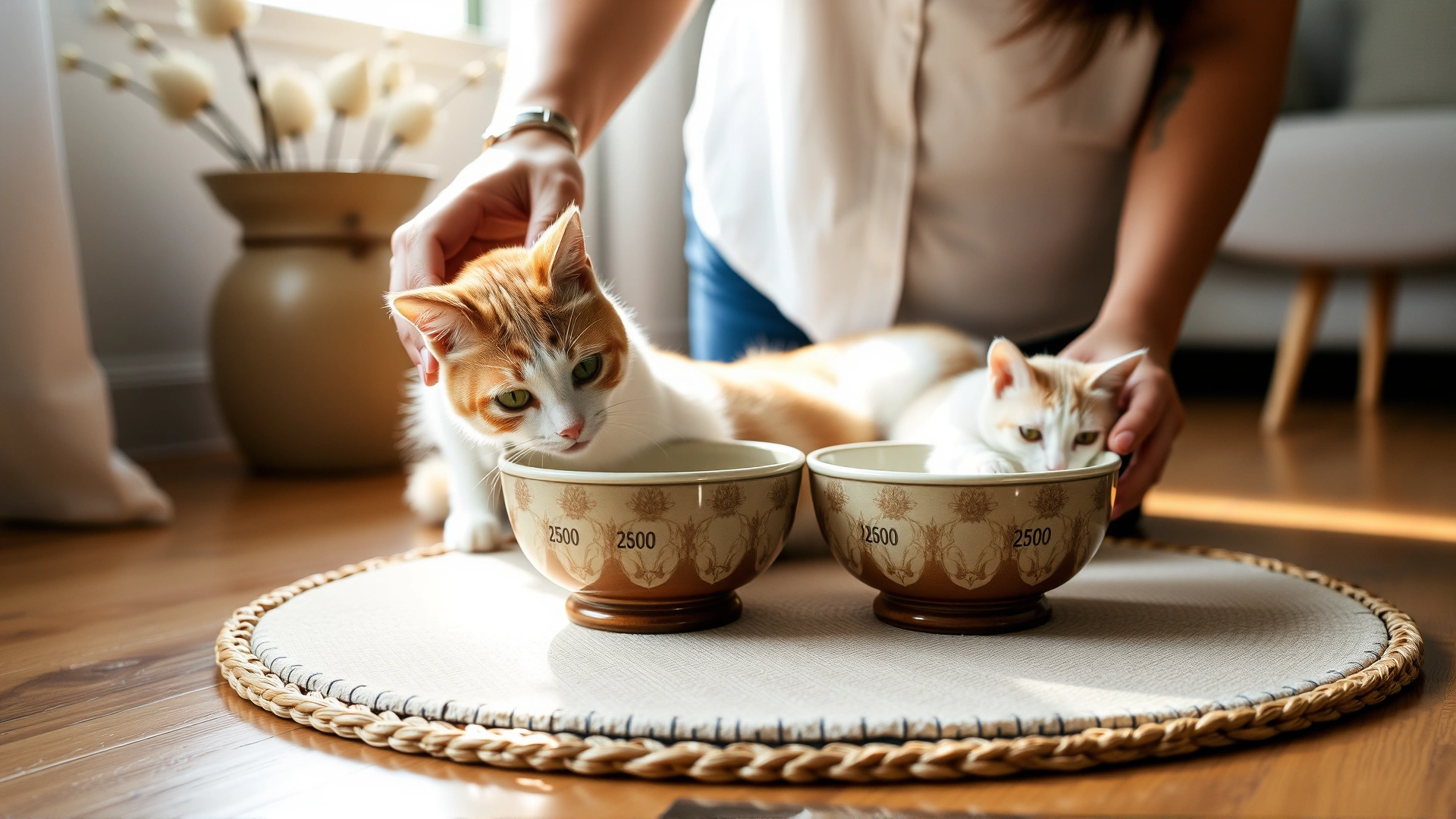 Pet owner placing two measured ceramic bowls on a feeding mat for their cats during morning routine, soft sunlight.
