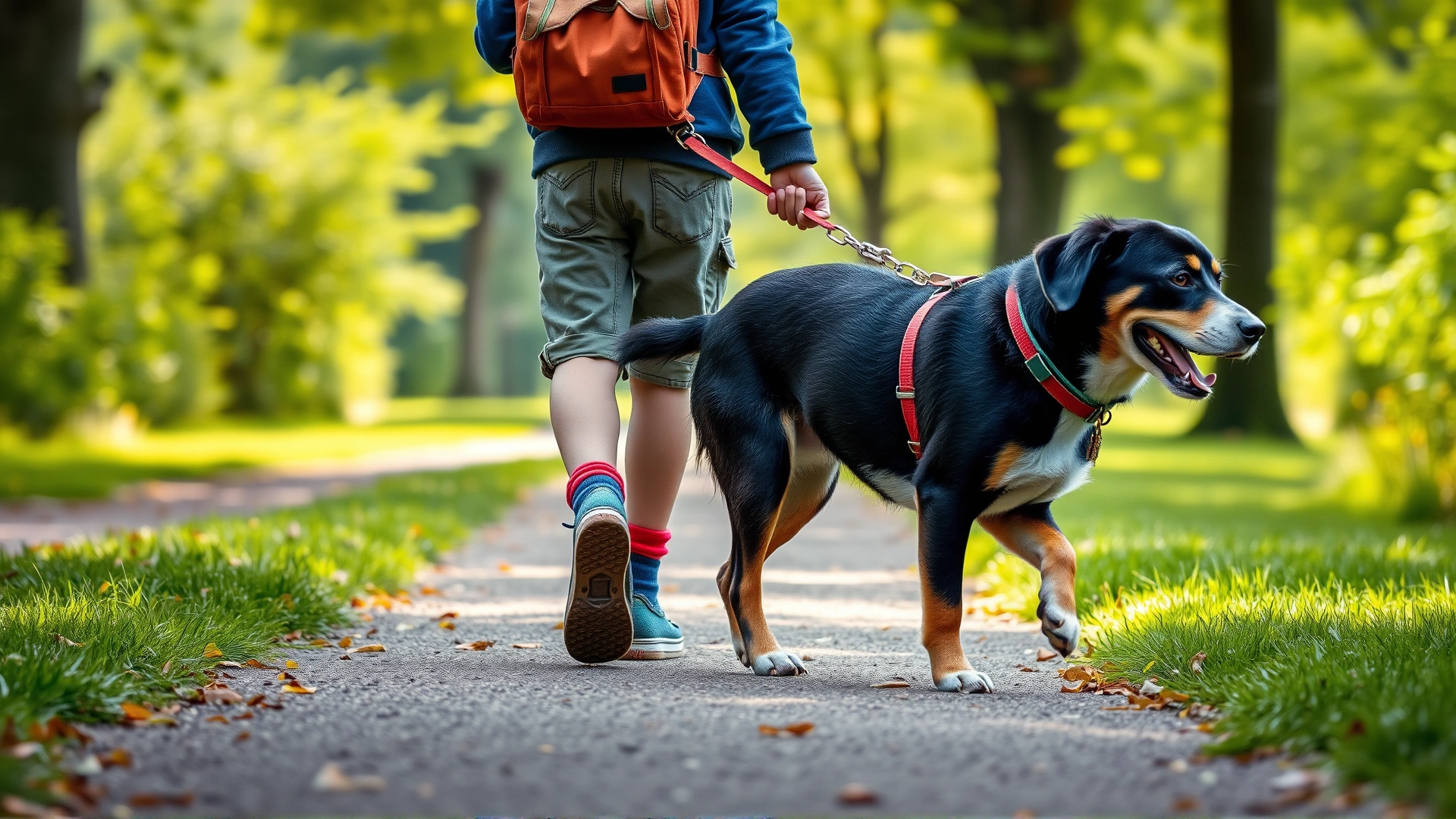 School-aged child walking a medium-sized dog on a leash through a green park path.