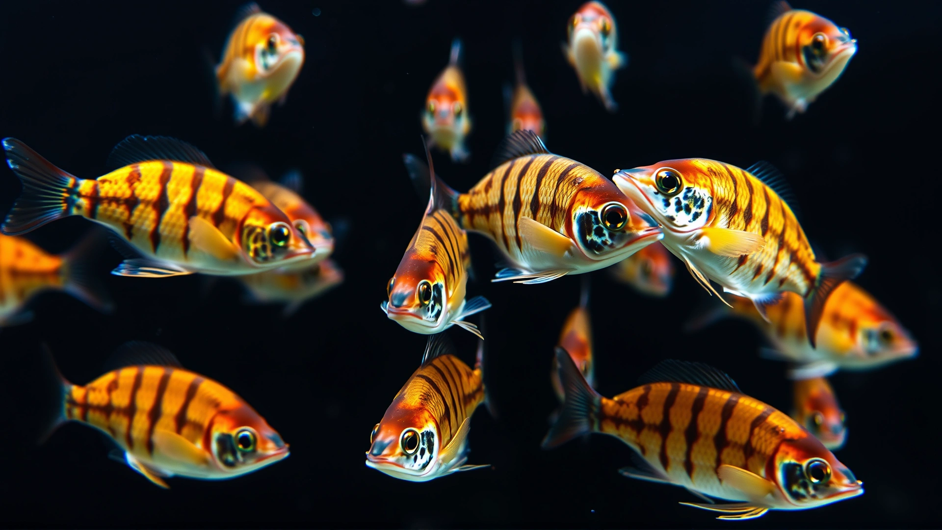 Close-up photo of a mixed group of barb species (tiger, cherry, and gold barbs) swimming together in mid-water over a dark substrate, demonstrating their shoaling behavior.