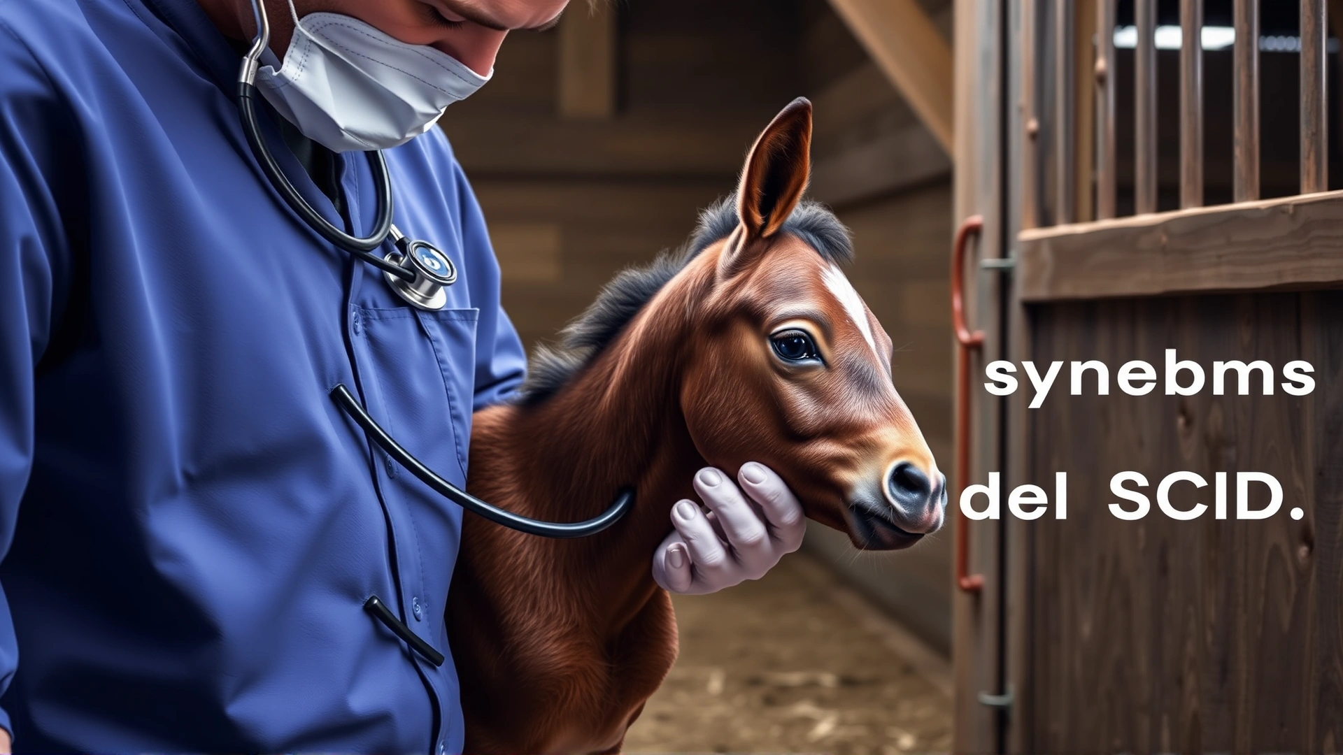 A veterinarian examining a weak newborn foal with a stethoscope inside a barn, highlighting clinical symptoms of SCID.