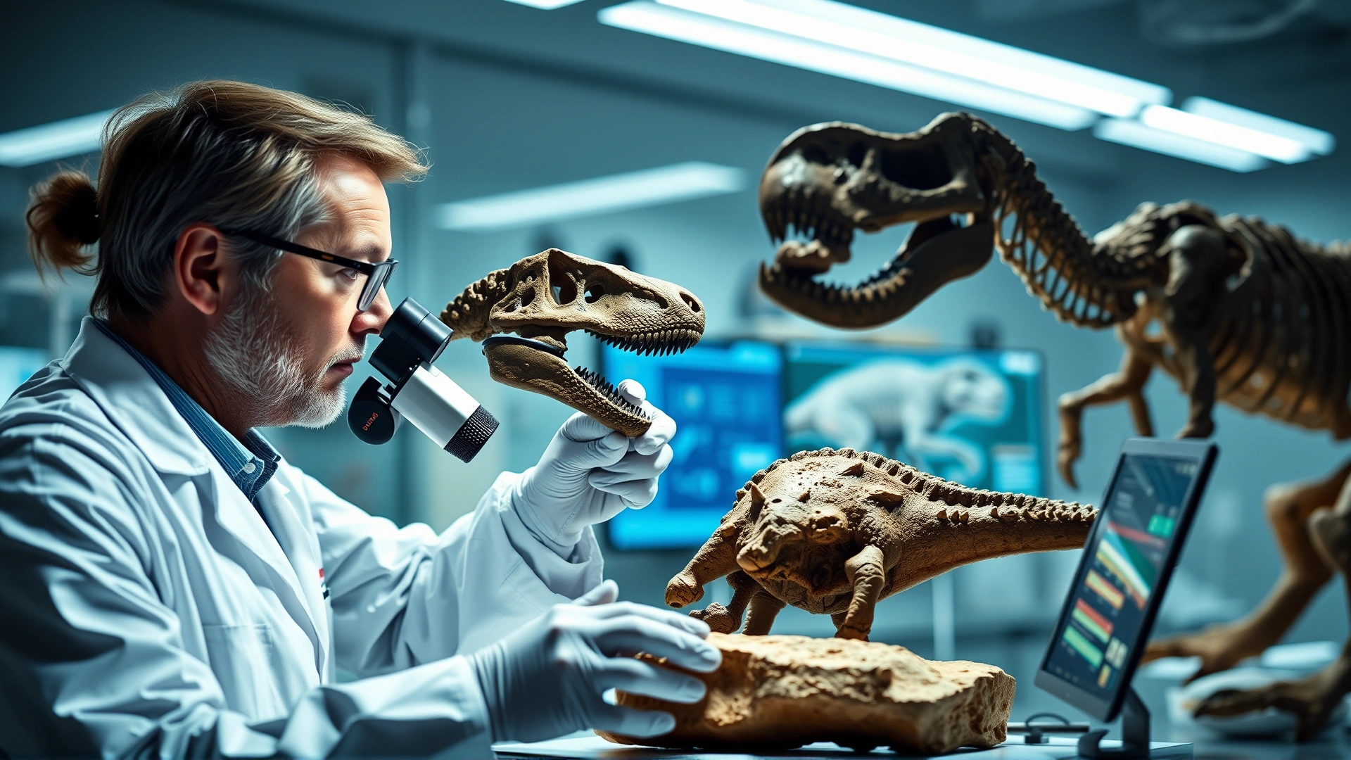 Scientist examining a dinosaur fossil in a modern laboratory, using magnifying tools and digital screens, soft focus background