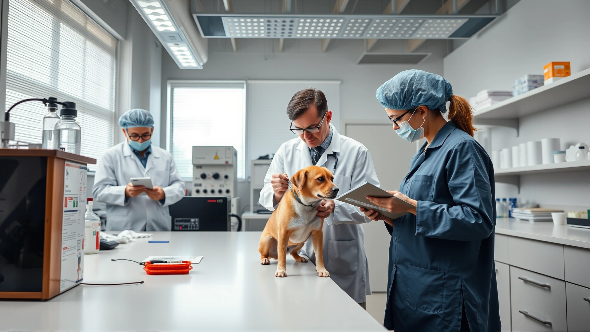 Group of researchers in a bright laboratory gently examining a calm dog while taking notes; professional environment, no text.