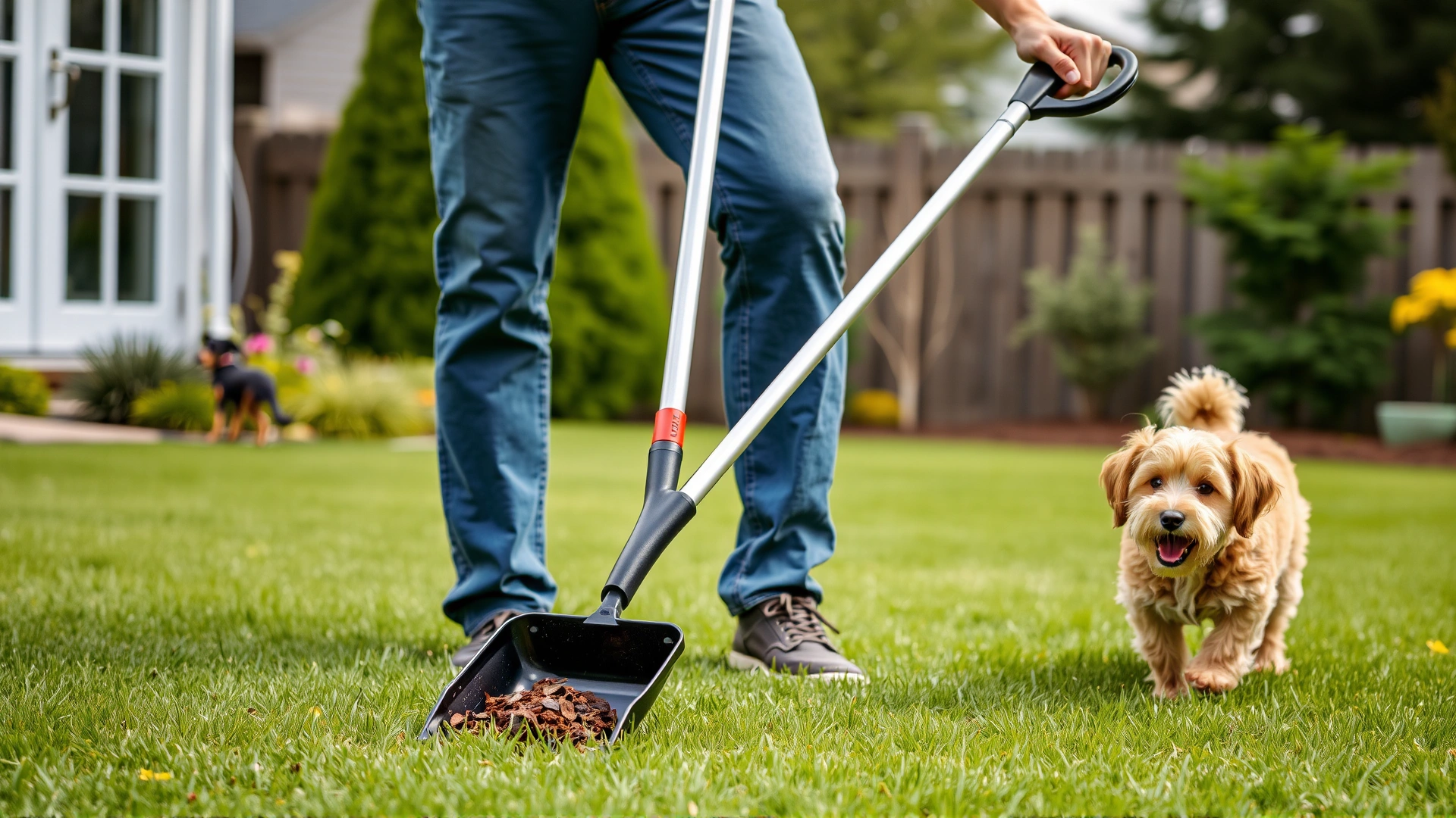Man using a long-handled pooper scooper to remove dog waste from a backyard lawn, with a playful dog watching nearby.