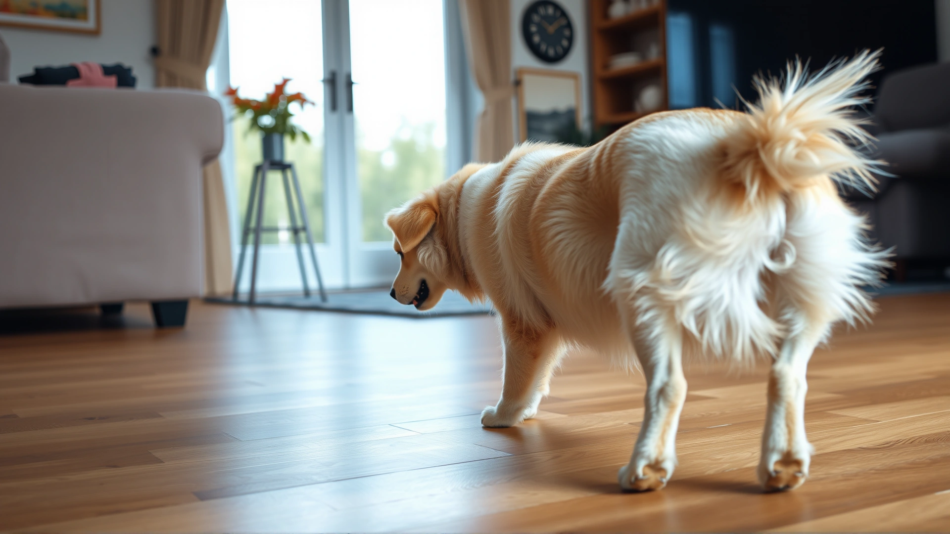 Medium shot of a light-colored mixed-breed dog scooting its rear across a wooden living-room floor, natural indoor lighting, no text