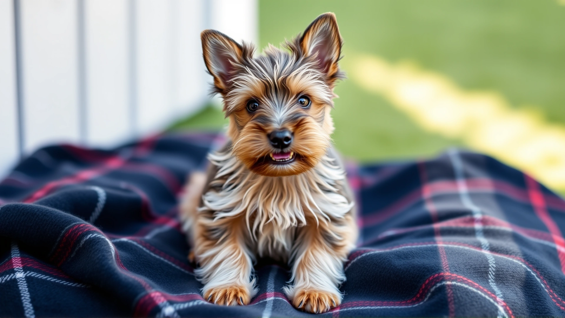 Playful Scottish Terrier puppy sitting on a plaid Scottish blanket, shallow depth of field, natural light