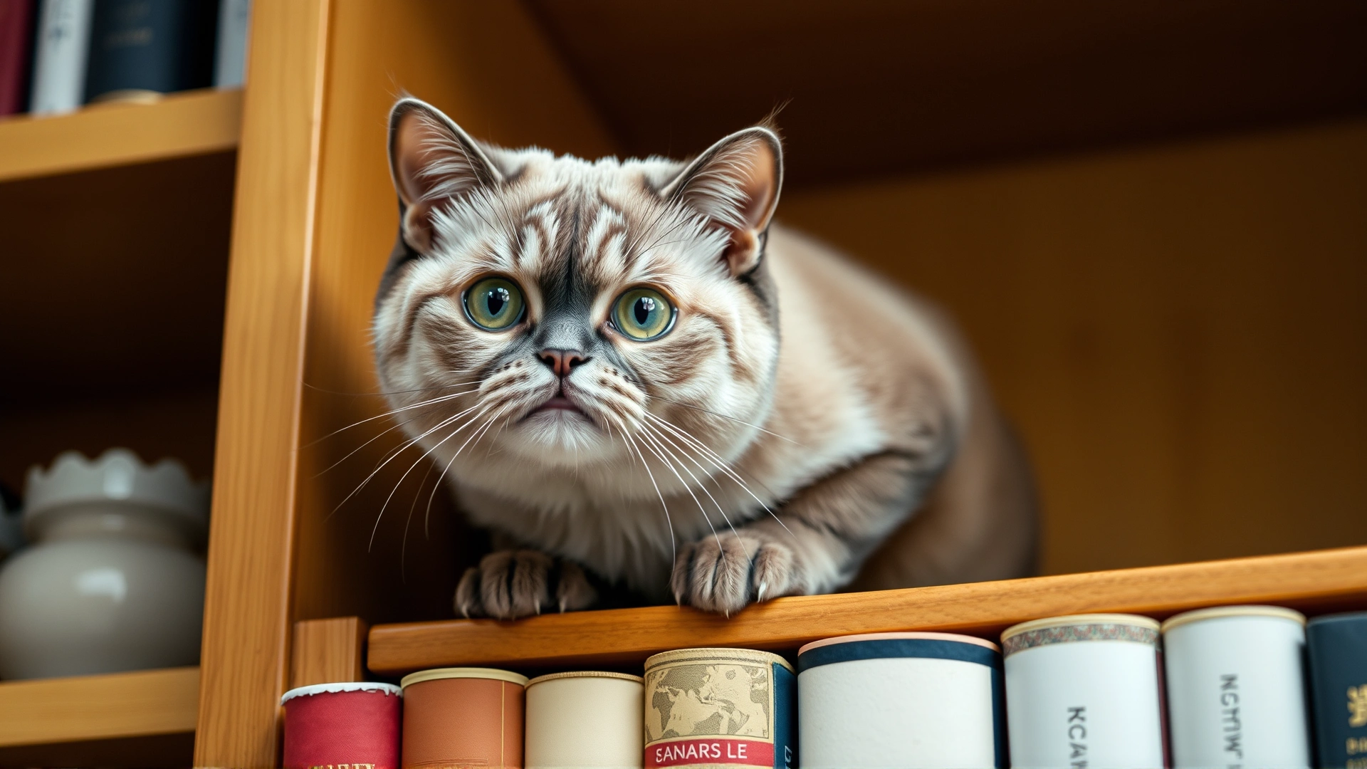 A Scottish Fold cat observing its surroundings from the top shelf of a bookcase, ears folded, eyes wide