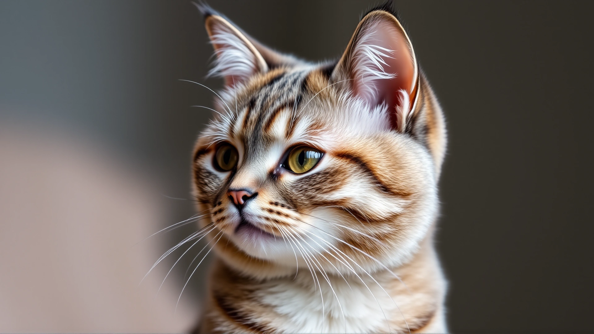 Headshot of a Scottish fold cat highlighting the folded ears, soft focus background