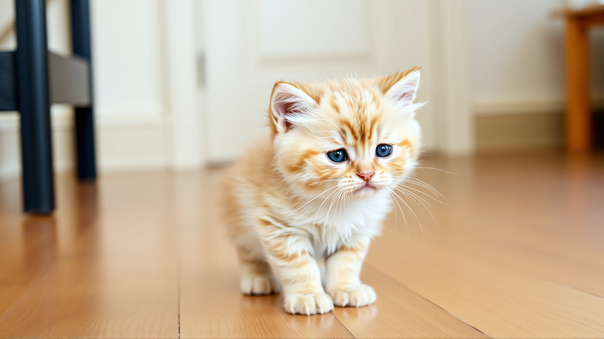 Playful Scottish Fold kitten standing on a wooden floor with its ears folded forward, shot in bright indoor lighting.