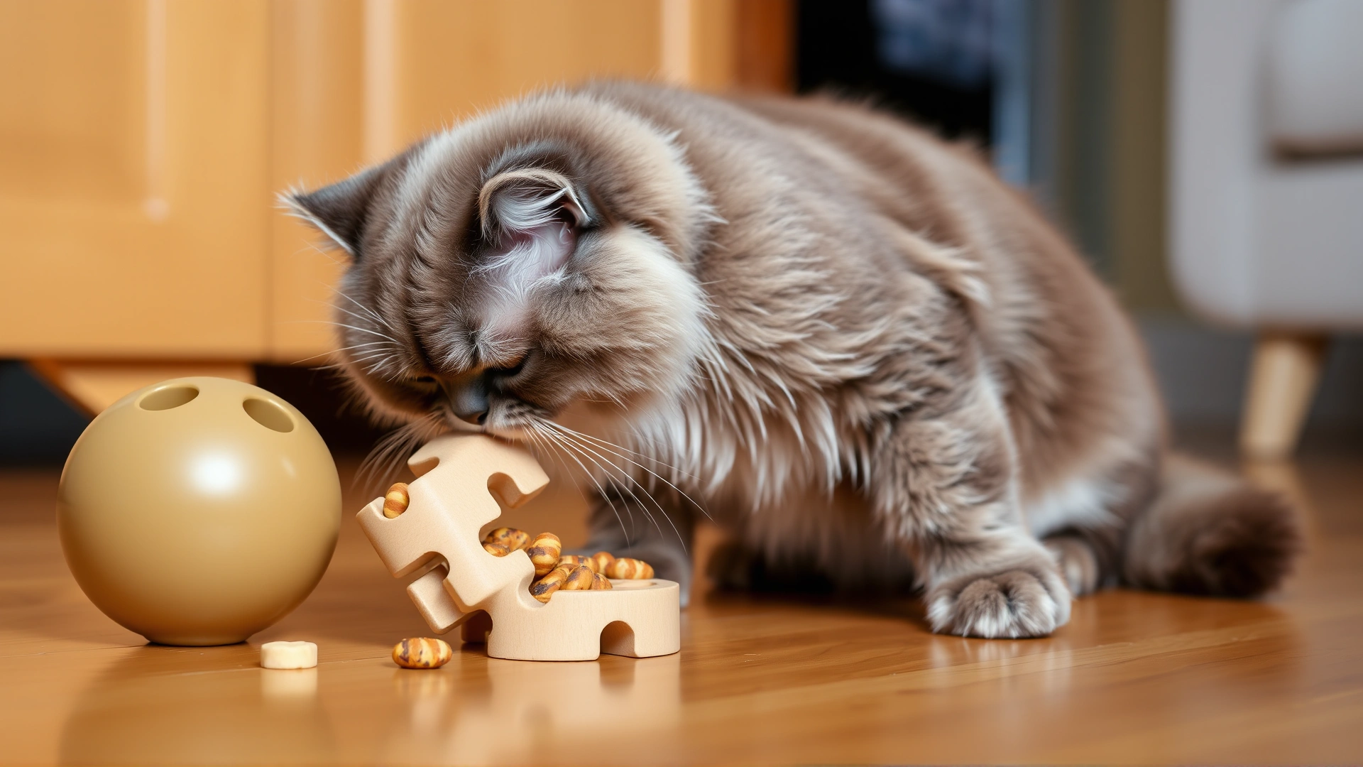 Scottish Fold cat investigating a treat-dispensing puzzle ball on hardwood floor
