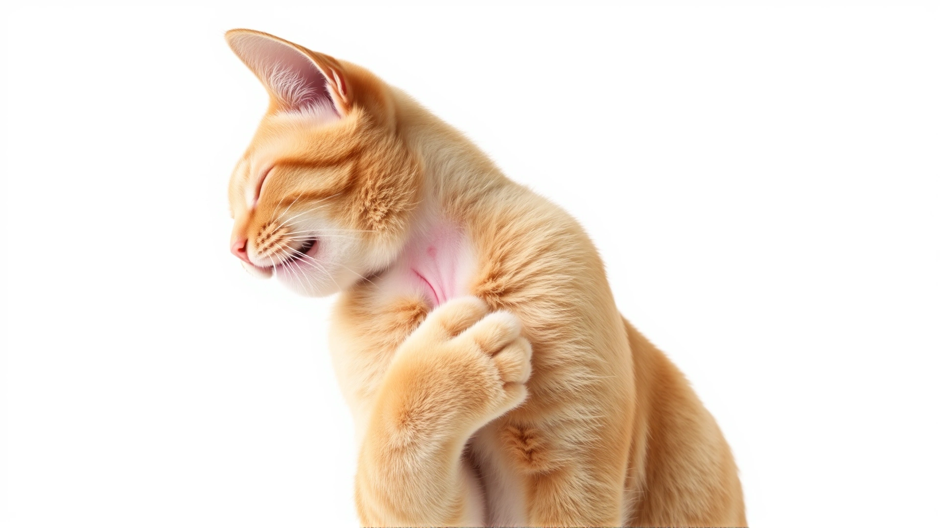 A ginger cat scratching its neck vigorously, showing discomfort due to skin irritation, plain white background.