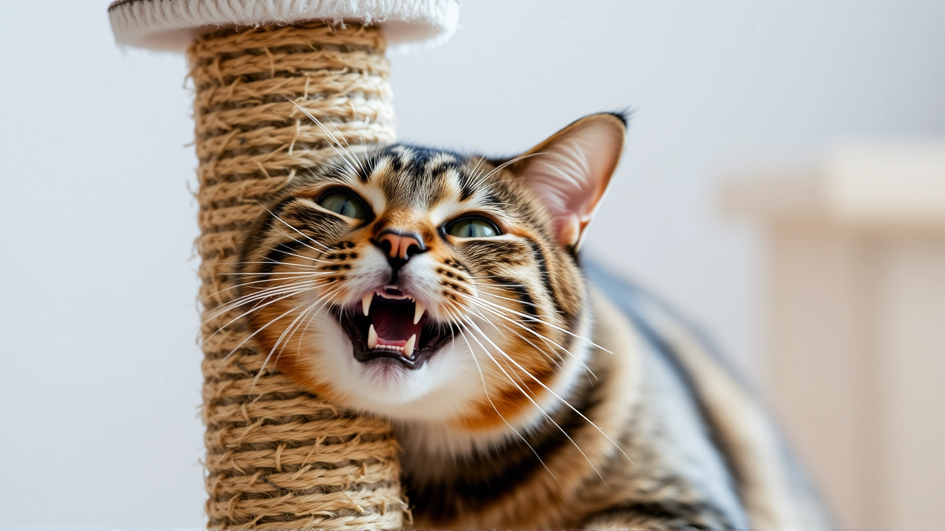 Close-up image of a tabby cat happily using a sisal-wrapped vertical scratching post.