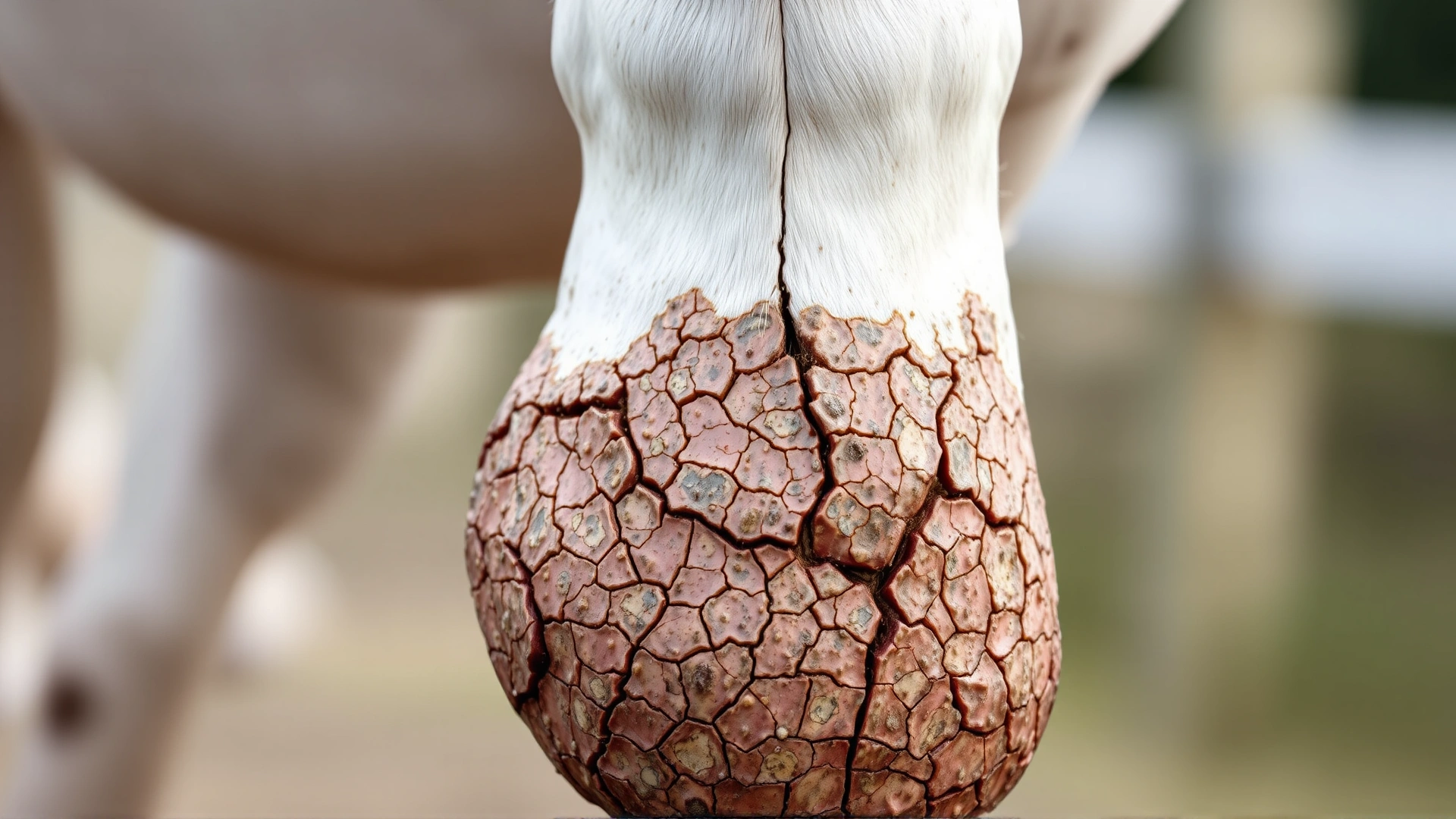 Photo of a horse’s white pastern showing cracked, scabby skin consistent with mud fever.