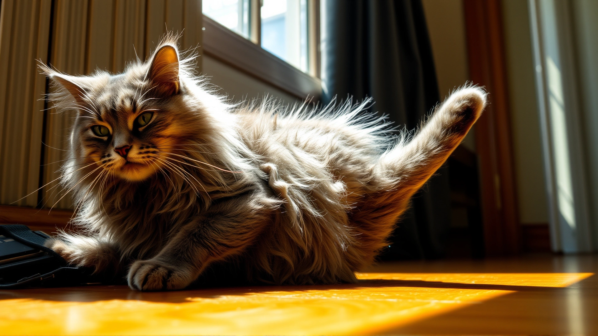 Indoor shot of a long-haired grey cat scratching its neck with hind leg, conveying itchiness, sunlight streaming through window, no text