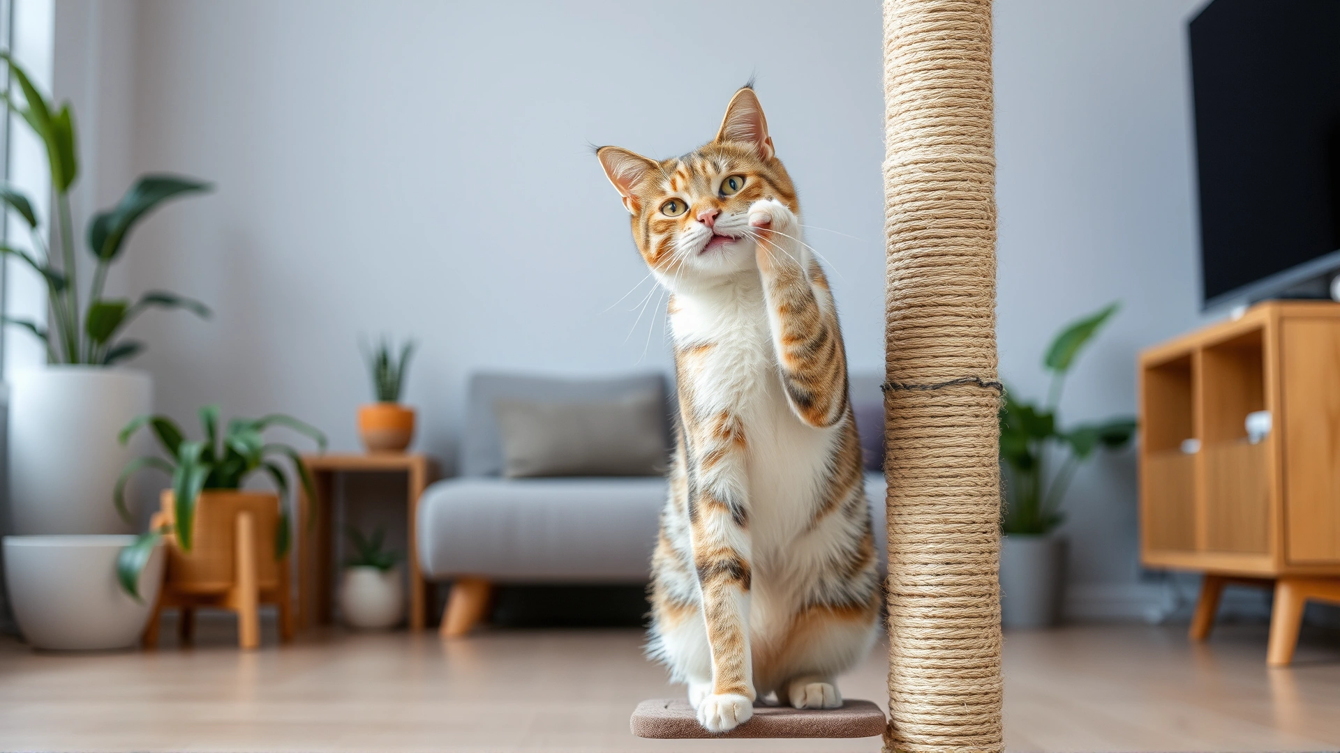 A domestic cat happily using a tall sisal scratching post in a modern living room with plants and soft lighting