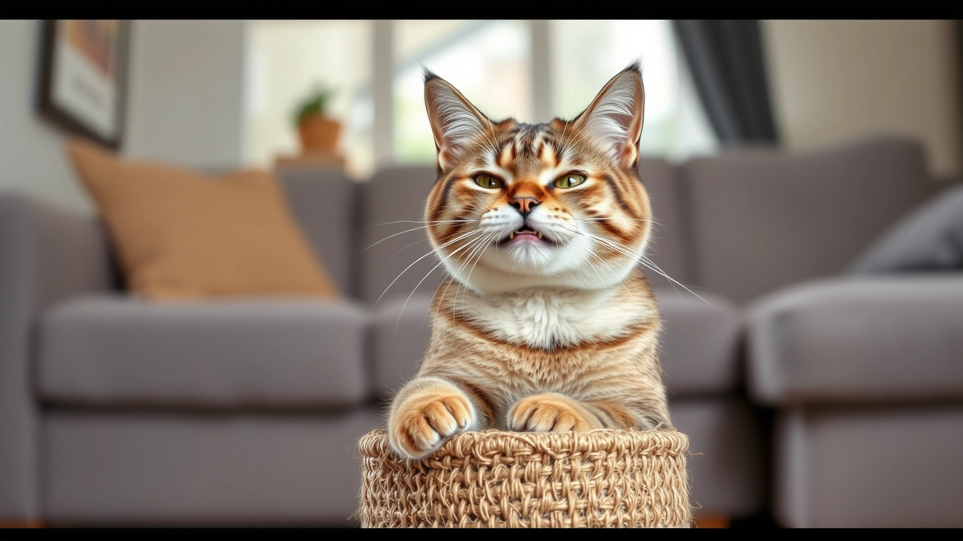 Domestic short-haired cat happily scratching a sisal-covered scratching post in a living room.